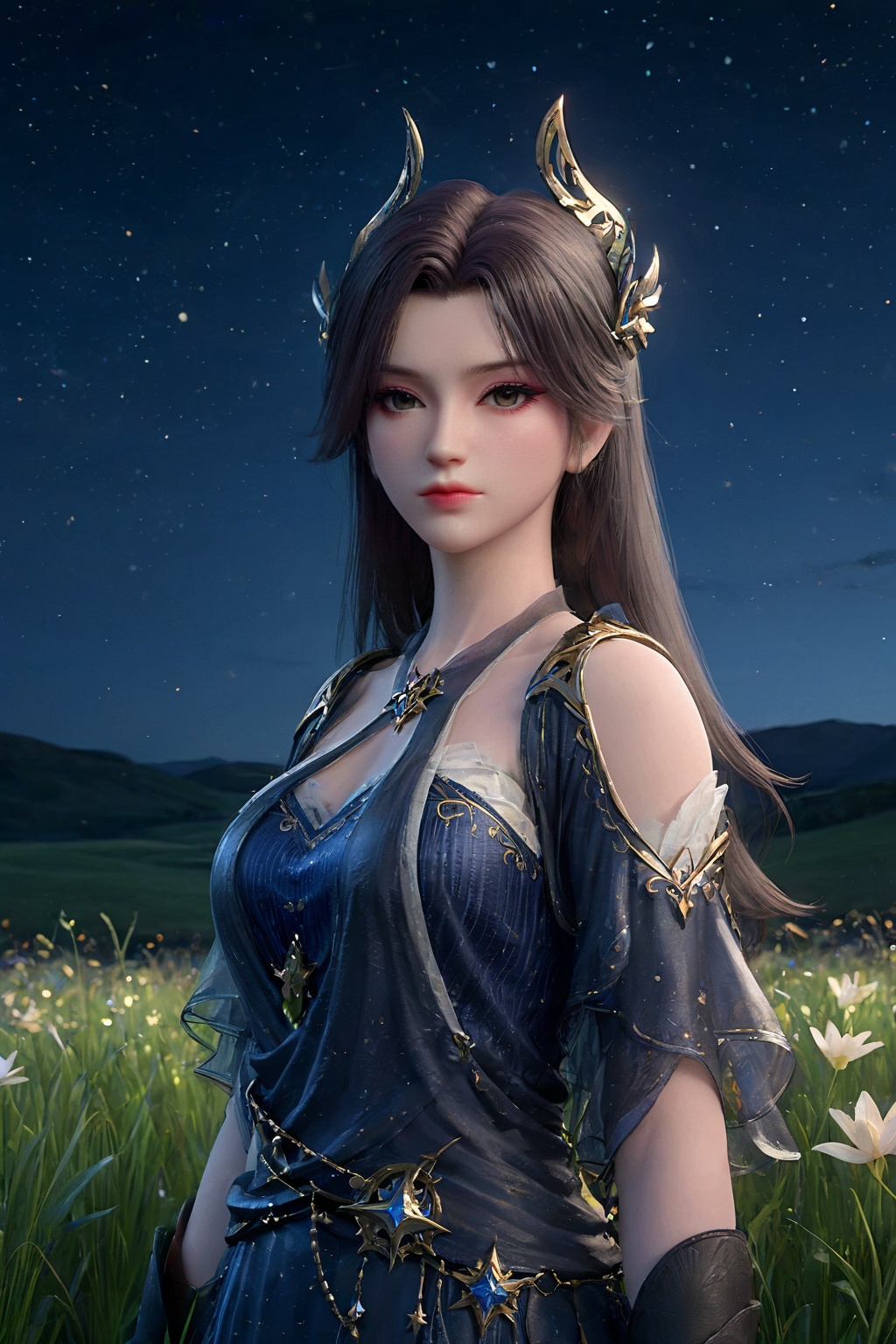 1girl,solo,long hair,closed mouth,(hair ornament),jewelry,dress,(arms behind back),(looking at viewer),outdoors,((night)),star \(sky\),nature,(landscape,grasslands),((falling petals:1.3)),depth of field,(cowboy shot),3d,game cg,Highly detailed,(best quality:1.5,masterpiece:1.5),<lora:caoying (12):0.65>,