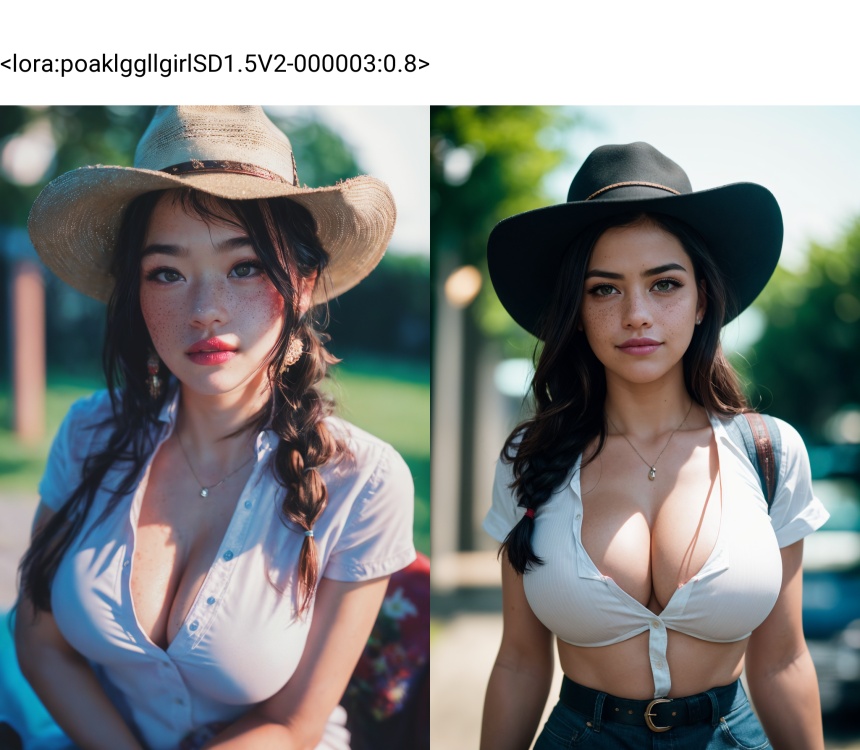 poakl ggll girl,cinematic film still (8k, RAW photo, best quality, masterpiece:1.2),ultra-detailed,(high detailed skin:1.2),8k uhd,dslr,soft lighting,high quality,smiling,((deep_cleavage, blush)) ,<lora:RDR2Sadie:0.85>, rdr2sadie,1girl,freckles,braid,shirt,cowboy hat,long hair,looking at viewer,rolled_up_sleeves,pants,white shirt,. shallow depth of field,vignette,highly detailed,high budget,bokeh,cinemascope,moody,epic,gorgeous,film grain,grainy,<lora:poaklggllgirlSD1.5V2-000003:0.8>,