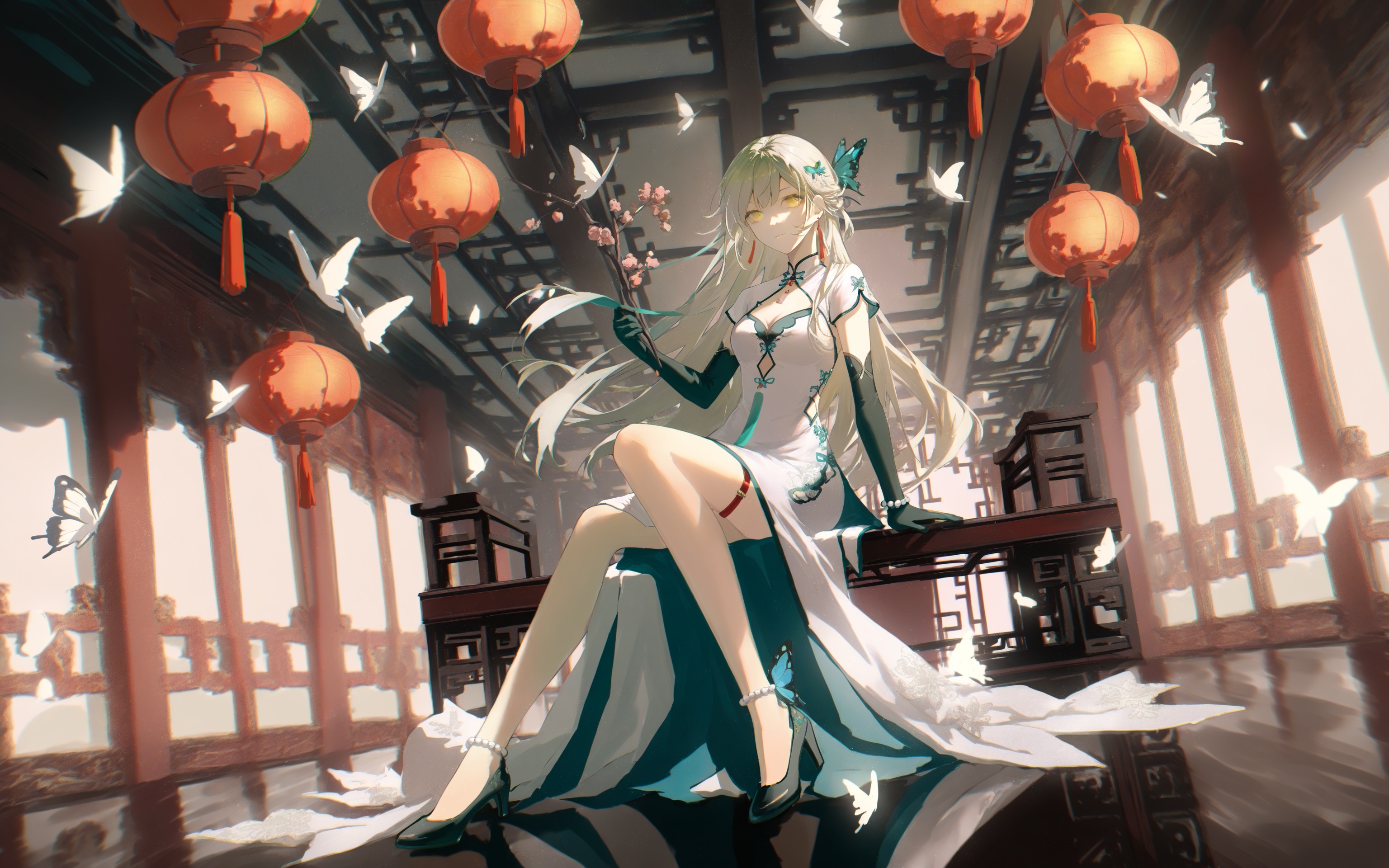 1girl,sitting,high heels,solo,dress,gloves,long hair,breasts,white dress,indoors,butterfly,black gloves,bug,full body,holding,yellow eyes,hair ornament,jewelry,cleavage,looking at viewer,cleavage cutout,chinese clothes,elbow gloves,lantern,clothing cutout,beads,