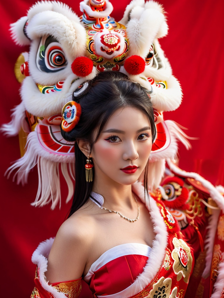 1girl,  big lion head,  bare shoulders on Tensor.Art