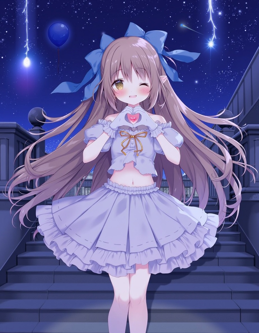 shiratama_(shiratamaco), commentary_request, highres, 1girl, ;d, balloon, bare_shoulders, blue_bow, blush, bow, brown_eyes, brown_hair, crop_top, detached_sleeves, earrings, gloves, hair_bow, hands_up, heart, heart_hands, jewelry, layered_skirt, long_hair, looking_at_viewer, midriff, navel, night, night_sky, one_eye_closed, outdoors, pleated_skirt, puffy_short_sleeves, puffy_sleeves, railing, shooting_star, short_sleeves, skirt, sky, smile, solo, stairs, star_(sky), starry_sky, stone_stairs, two_side_up, very_long_hair, white_gloves, white_skirt, white_sleeves, window, , eshi_100_nin_ten, original, year_2024,, <lora:flux-Shiratamaco-000006:1>