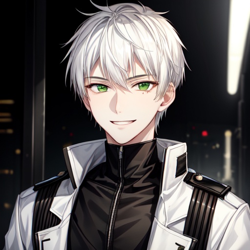full_shot,simple background,male,*****,smile,white_skin,tall,white hair,mole_under_eye,green eyes,white coat,black shirt,huge filesize,<lora:add_detail:1>,slender face,short hair,:d,