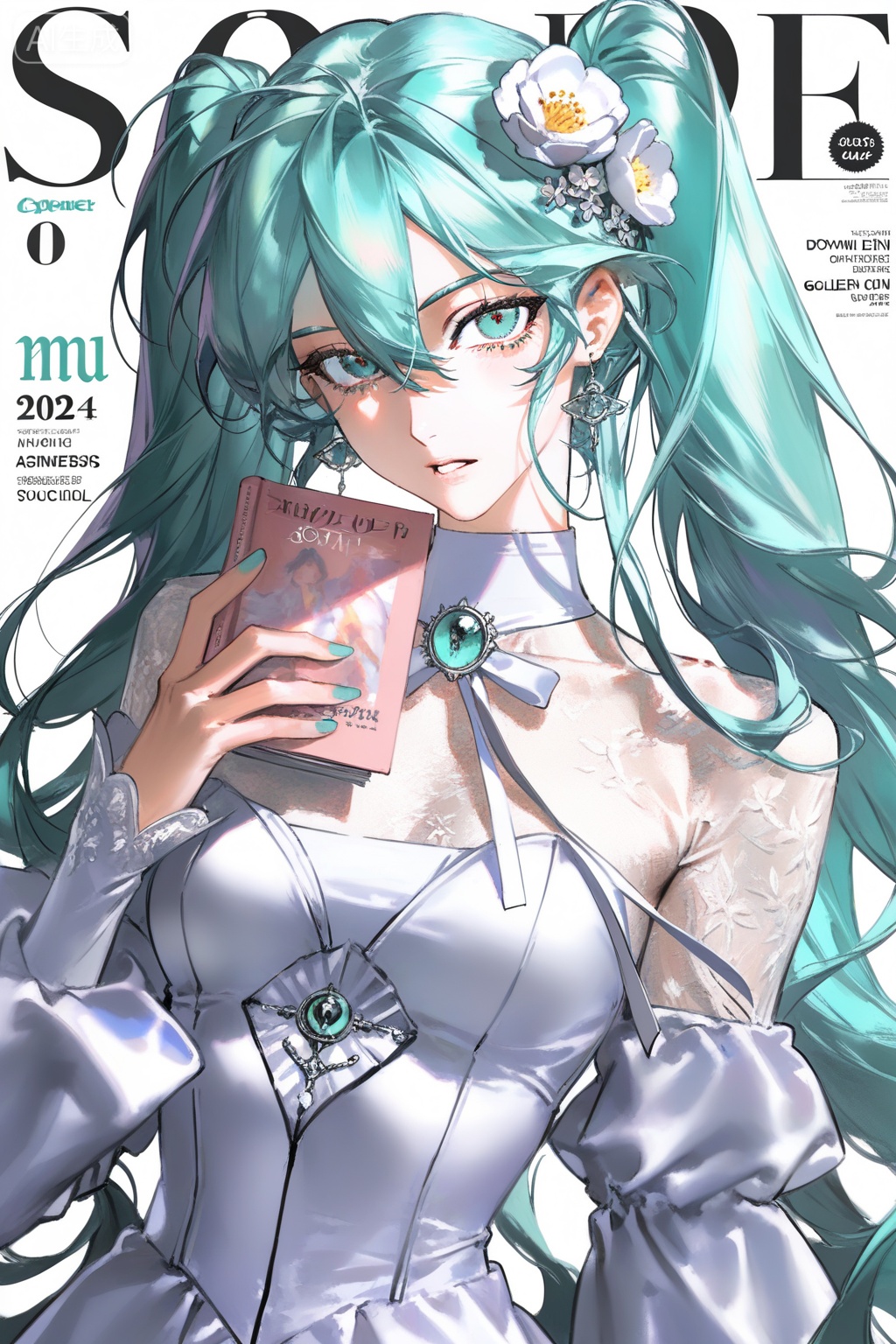 1girl,, solo,, long hair,, looking at viewer,, bangs,, simple background,, hair ornament,, white background,, dress,, hair between eyes,, jewelry,, very long hair,, upper body,, flower,, earrings,, parted lips,, hair flower,, white dress,, aqua eyes,, book,, aqua hair,, hatsune miku,, yoneyama mai,hysp,zxww,dynamic_outline,Close-up details,solo,outstanding style,adding a touch of dimension to your images without compromising details,iridescent textures,delicate details,magical atmosphere,concept art,highly detailed,ultra-high resolution,32K UHD,sharp focus,best-quality,masterpiece,golden hour,unconventional supreme masterpiece,masterful details,with a high-end texture,in the style of fashion photography,magazine cover,Dynamic Angle,Dynamic posture,magazine cover,Dynamic Angle,Dynamic posture,(artist:quasarcake:0.8),extreme aesthetic,masterpiece,best quality,good quality,newest,year 2024,year 2023,very aesthetic,absurdres,Visual impact,ultra-high resolution,32K UHD,sharp focus,best-quality,masterpiece,Emotionalization,unconventional supreme masterpiece,masterful details,with a high-end texture,in the style of fashion photography,(Visual impact:1.2),giving the poster a dynamic and visually striking appearance,impactful picture,offcial art,splash of color,movie perspective,masterpiece,best quality,amazing quality,very aesthetic,absurdres,best quality,newest,mature,incredibly absurdres,huge filesize,wallpaper,, Negative prompt: ng_deepnegative_v1_75t,(badhandv4:1.2),EasyNegative,(worst quality:2),,nsfw, Steps: 29, Sampler: Euler a, CFG scale: 7.0, Seed: 3705561482, Size: 1024x1536, Model hash: fe1361c879, Model: illustrious_v20_1.safetensors, Denoising strength: 0.0, RNG: CPU, Lora 1: Art-水仙, Lora Hash 1: c8128555f3, Lora Weight 1: 0.8, vae_name: automatic