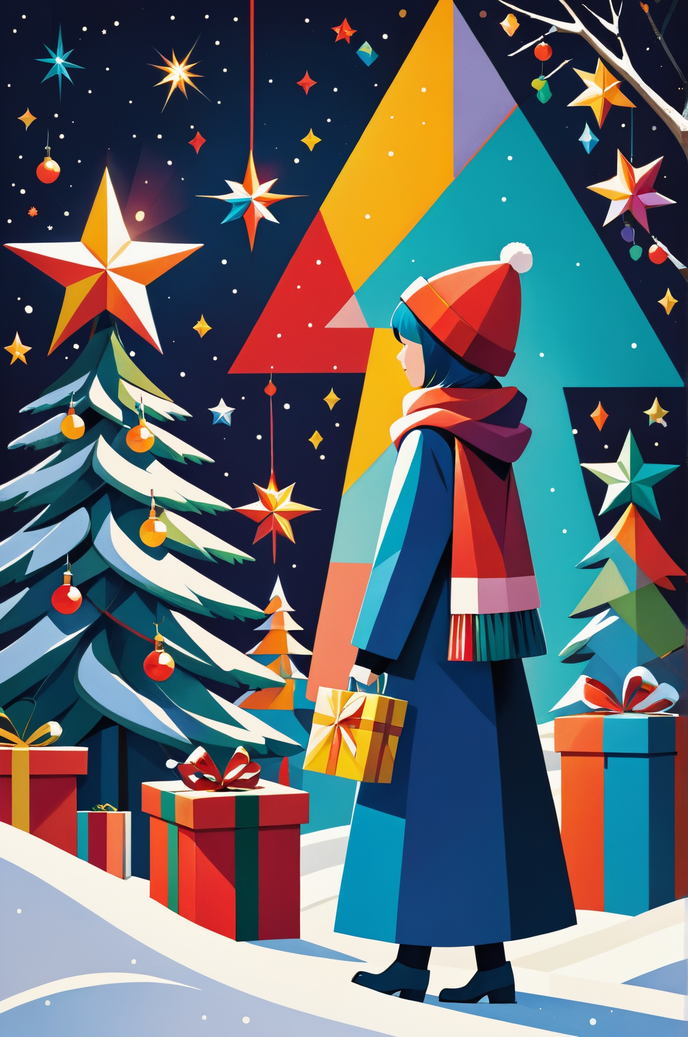 cubism, geometric shapes, vibrant colors.faceless figure, Christmas, Snow, gifts, christmas tree, stars, bulbs, diagonal composition