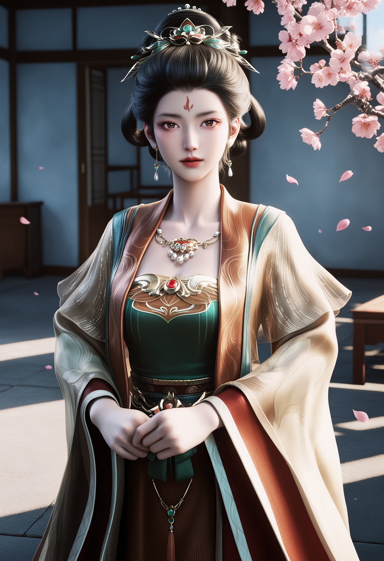 masterpiece,best quality,amazing quality,very aesthetic,high resolution,ultra-detailed,absurdres,scenery,photorealistic,(looking at viewer:1.1),upper body,(Dark room:1.3),(moody lighting:1.1),peach blossom,falling petals,(large breasts:0.8),dalitaihou,1girl,solo,black hair,jewelry,earrings,chinese clothes,hair ornament,forehead mark,realistic,necklace,hair bun,dress,long sleeves,updo,hanfu,hair rings,brown eyes,makeup,wide sleeves,shoes BREAK photorealistic details,<lora:QQSilldalitaihouV1:0.8>,