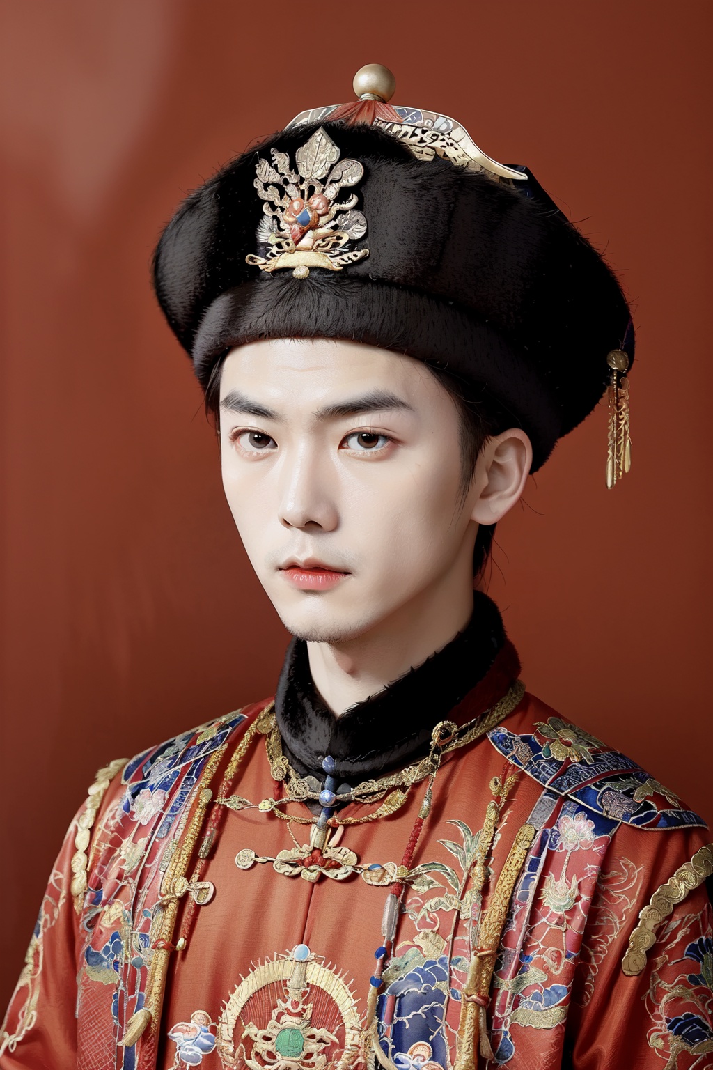 masterpiece,best quality,qing dynasty official hat,1boy,simple_background,<lora:清代宫廷人设>,close-up,qing dynasty clothing,portrait,ancient china,red background,