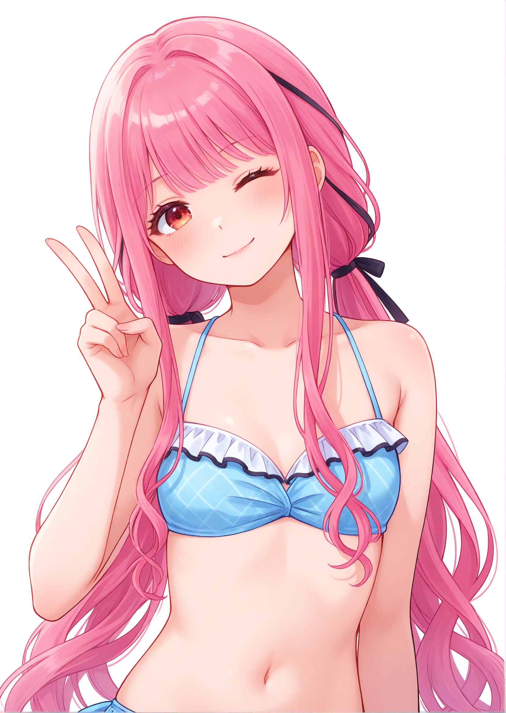 <lora:暖暖cnoob:0.5>,nikki_(nikki),mature female, twintails, pink hair,very long hair,  bikini,white background, head tilt,small breasts, very close to viewer, one eye closed, v