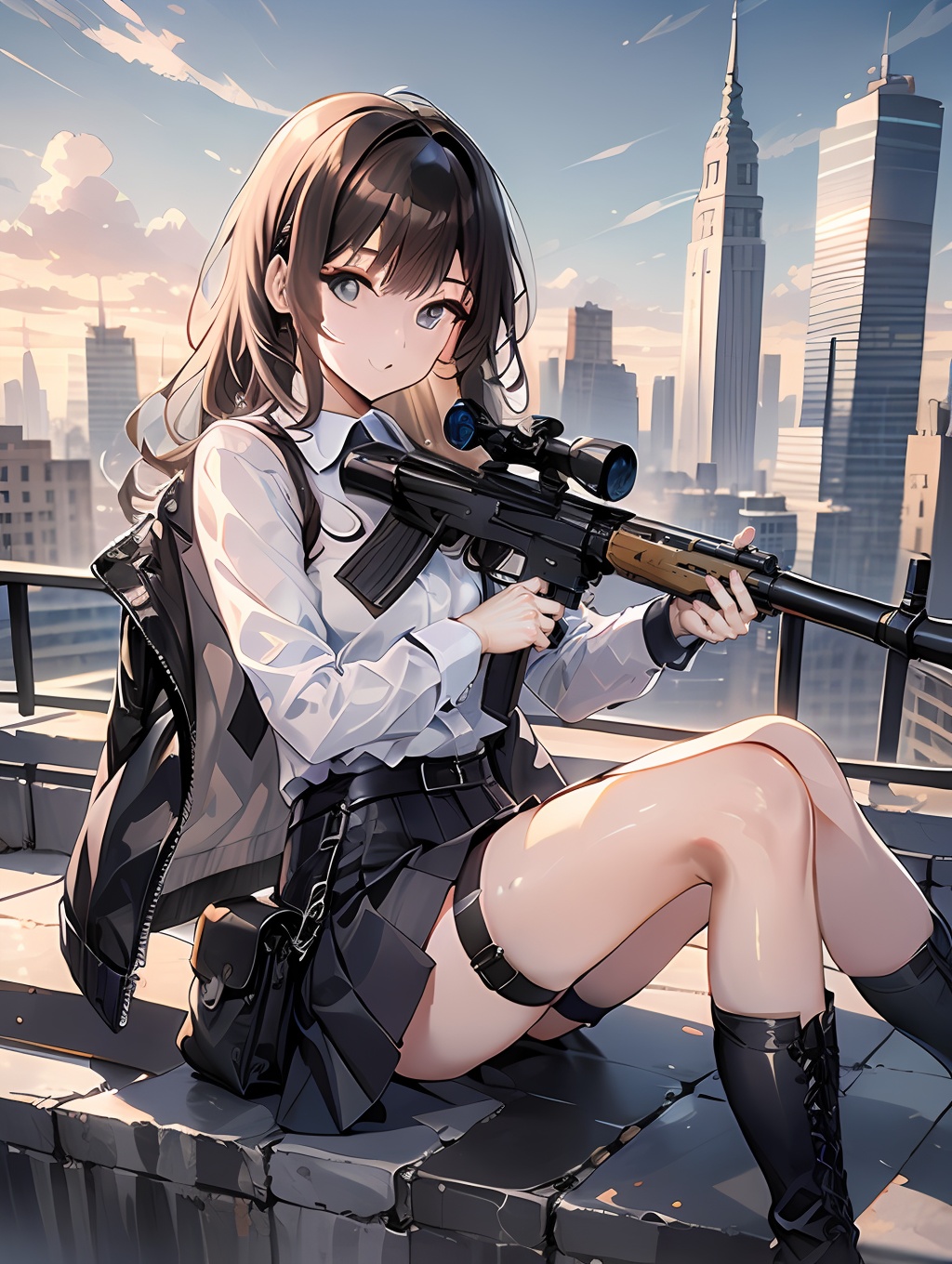 1girl, weapon, rifle, solo, ***, long hair, skirt, holding, holding weapon, blue eyes, scope, looking at viewer, outdoors, sniper rifle, holding ***, pleated skirt, thigh strap, shirt, cityscape, white shirt, long sleeves, black skirt, building, sky, city, black footwear, bangs, miniskirt, closed mouth, boots, brown hair, assault rifle, cloud, day, jacket, collared shirt
