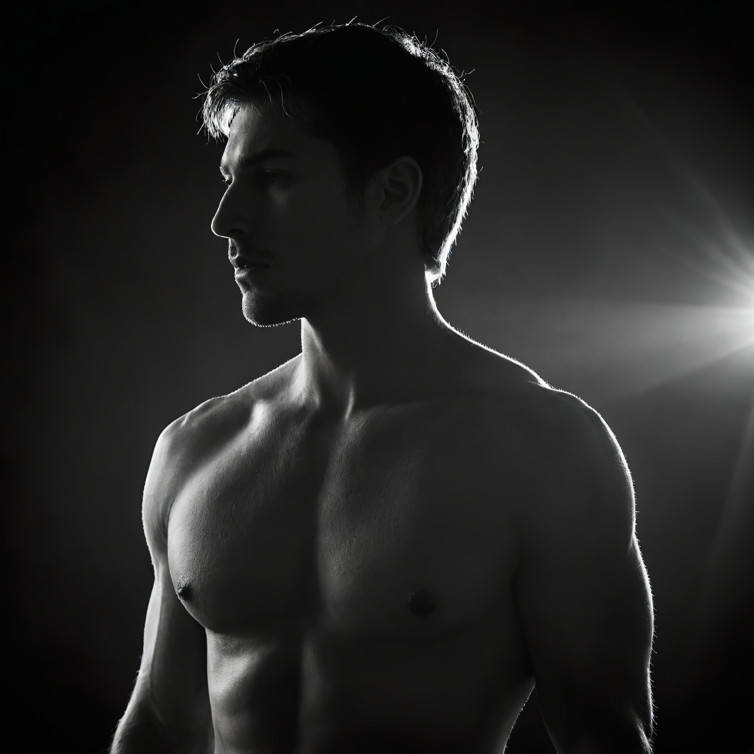 Establishing Shot. RAW Photo. Alluring & Beautiful,  muscular male Model. Studio Photography. ,  film grain on Tensor.Art