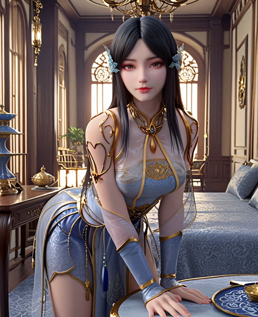 (oriental architecture, elegant decor, sophisticated style:1.1),(Leaning forward with hands on knees,:1.1),looking at viewer,(breasts:1.2),<lora:XL斗破苍穹柳菲透纱新衣:0.95>,miss liufei,dress,long hair,black hair,chinese clothes,see-through,brown eyes,hair flower,parted bangs,makeup,, score_9,score_8_up,score_7_up,score_6_up,score_5_up,score_4_up,3d rendering,tag1,tag2, Cinematic Lighting,backlighting,