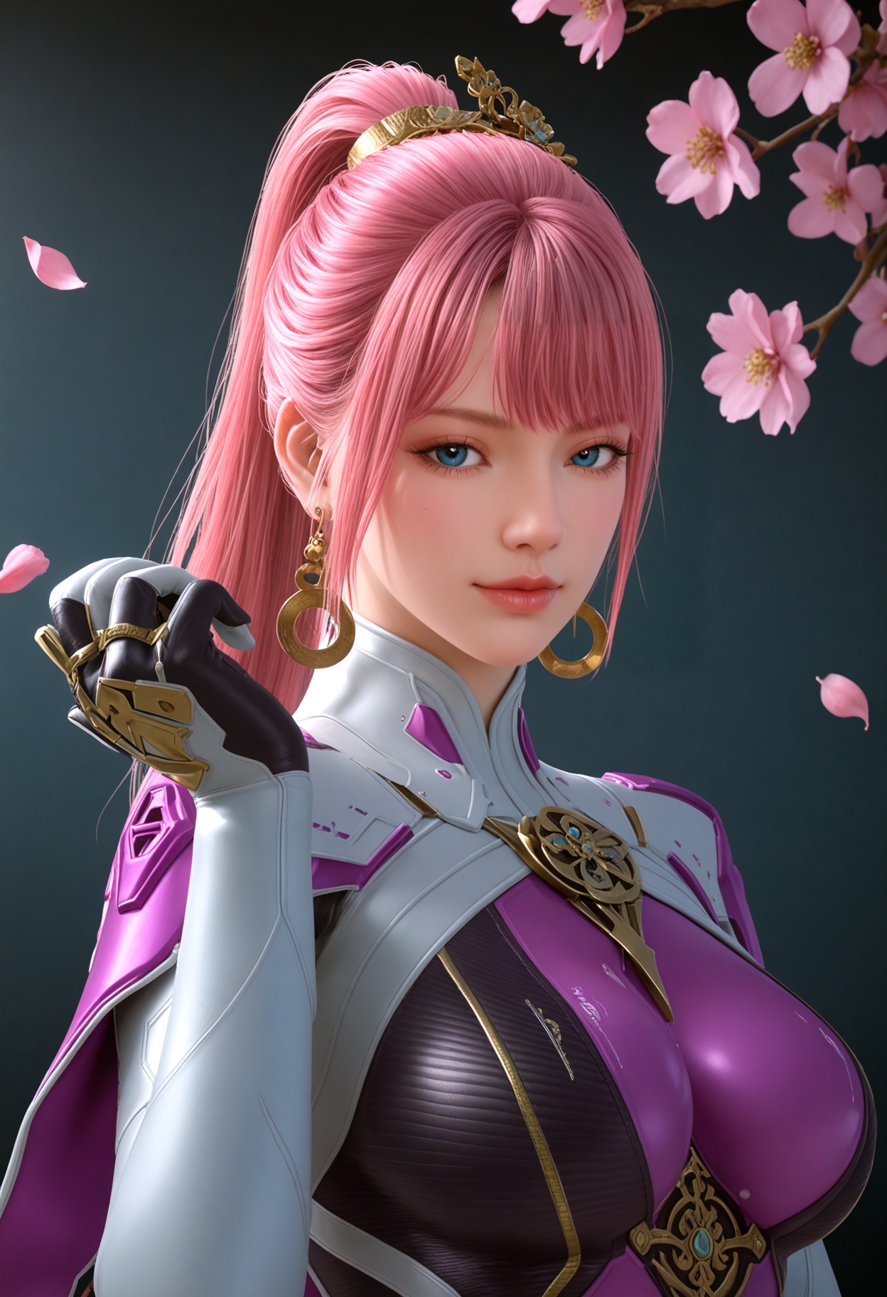 (upper_body:1.2),(looking_at_viewer:1.1),(masterpiece:1.1),(best quality:1.2),(intricate details),(smog:1.3),(Dark room:1.3),(dim lighting:1.3),peach blossom,falling petals,<lora:YQ_Illustrious光辉v5_步练师_V1:0.8>,q1528437228,solo,1girl,bodysuit,pink_hair,skin_tight,ponytail,earrings,breasts,jewelry,long_hair,high_heels,gloves,blue_eyes,fingerless_gloves,masterpiece,(best quality),(intricate details:0.9) BREAK (intricate details:0.9),(realistic skin:1.2),masterpiece,best quality,newest,absurdres,hiahres,