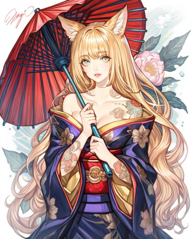 (best quality), ((masterpiece)), (highres), illustration, original, extremely detailed, <lora:NO Name Art:0.7>1girl, umbrella, solo, blonde hair, animal ears, tattoo, flower, holding, holding umbrella, japanese clothes, long hair, parted lips, oil-paper umbrella, bare shoulders, signature, kimono, looking at viewer