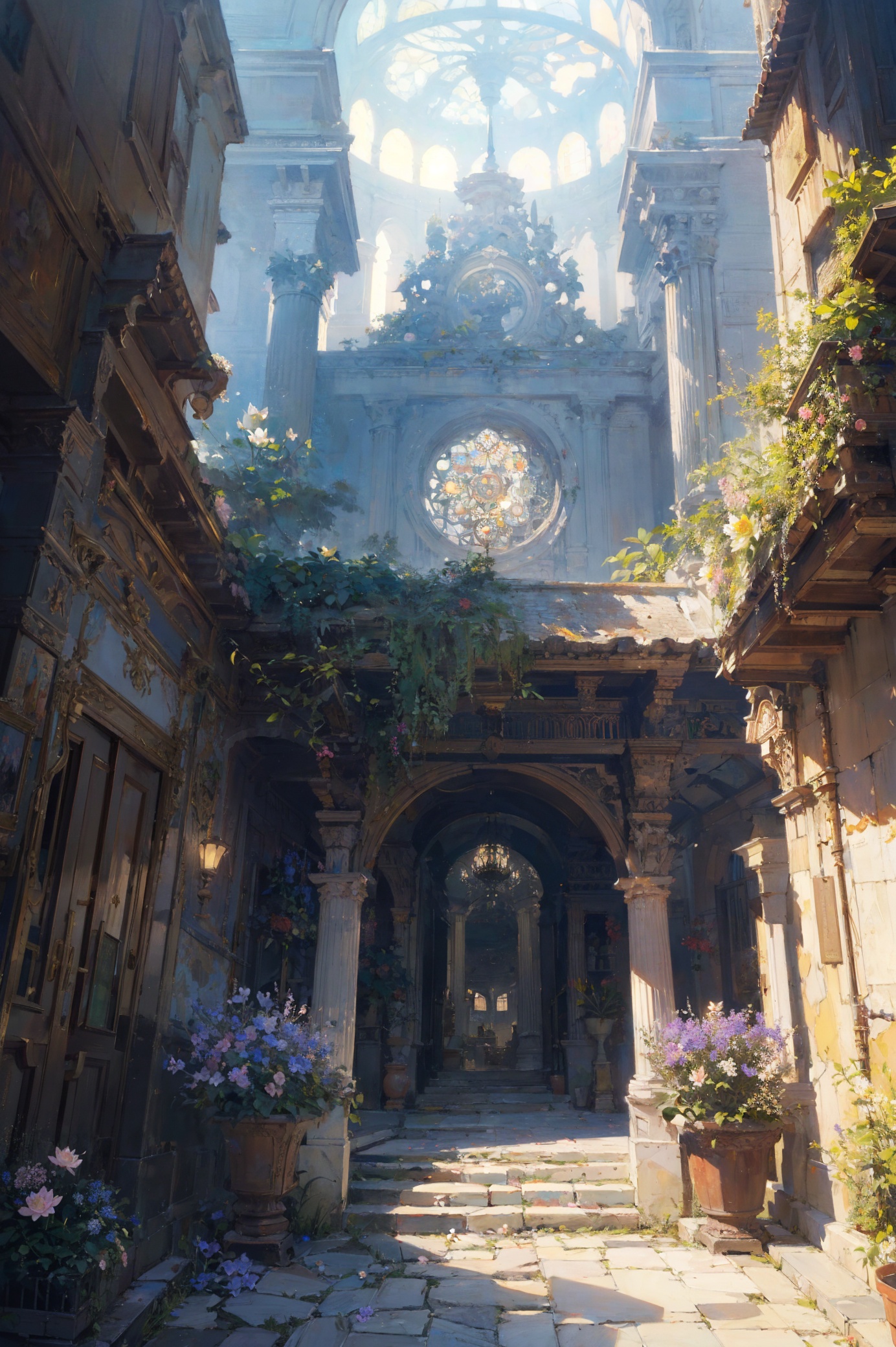 (masterpiece, top quality, best quality, official art, beautiful and aesthetic:1.2),concept art of a secret garden,ArtComposition,abg,Conceptual design of scenes,mythological scenes,white drawings,extremely high artistic proficiency,mandalas,lotus flowers,incredible space,nothingness,colorful flowers,uniquely shaped trees,full of artistic atmosphere,halo,ancient architecture,facade details,telephoto shots,dramatic composition,bold design,cinematic atmosphere,masterpiece,best quality,real shadows,crazy details,8K,HDR,UHD,