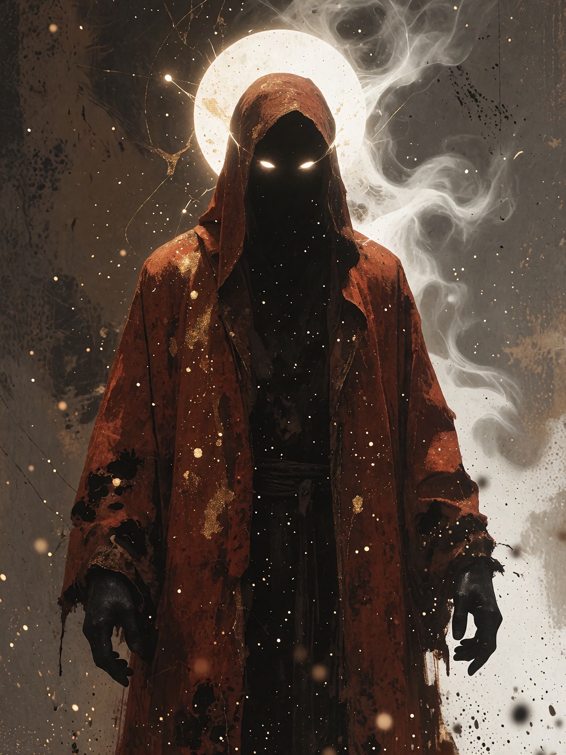 A shadowy,  silhouetted figure with glowing white eyes and a bright,  ethereal halo on Tensor.Art