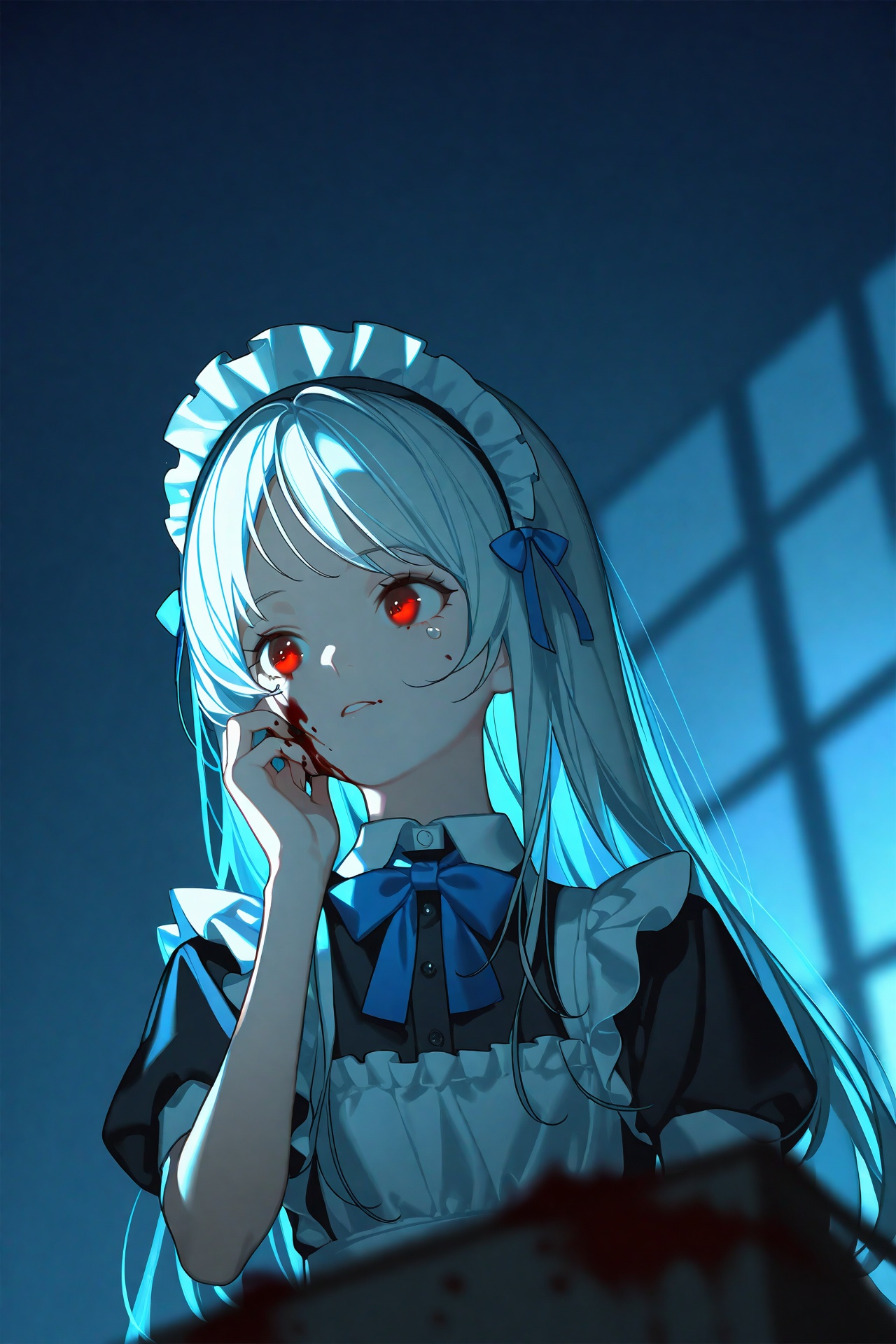 masterpiece,best quality,illustration,ultra detailed,hdr,Depth of field,(colorful),Artist:ask (askzy),Amazing,highres,intricate detail,best illumination,best shadow,(late at night),night,(Dark blue theme),Depth of field,window,White curtains,1girl,loli,solo,bangs,blood on face,dark persona,white hair,Blue bow tie,maid,Short sleeve,apron,maid headdress,long hair,hand on own chin,teary-eyed,blood on clothes,blood,maid apron,