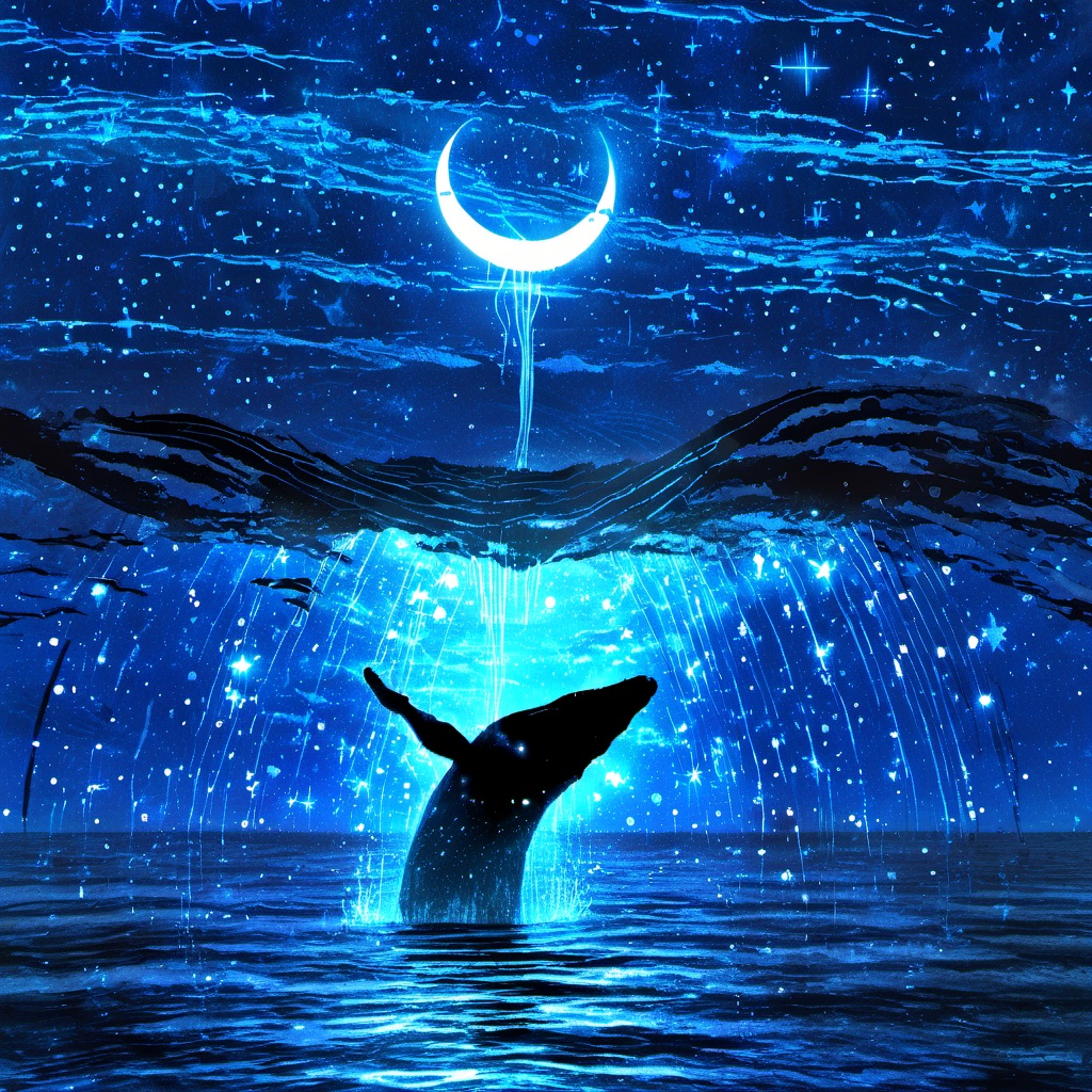 <lora:star_xl_v3:1>,outdoors, sky, water, no humans, majestic, night, animal, moon, star \(sky\), night sky, scenery, starry sky, reflection, blue theme, crescent moon, a black silhouette of majestic whale, a breathtaking of nighttime scene over a body of water, a silhouette of majestic whale seemingly leaping out of the water, the ilhouette of whale is illuminated with a radiant blue glow, above the ilhouette of the ilhouette of whale the sky awash with a myriad of stars forming intricate patterns and trails. a crescent moon hangs in the sky, the water below reflects the stars and the moon, a mirror-like effect, nighttime scene, stars, ethereal ambiance