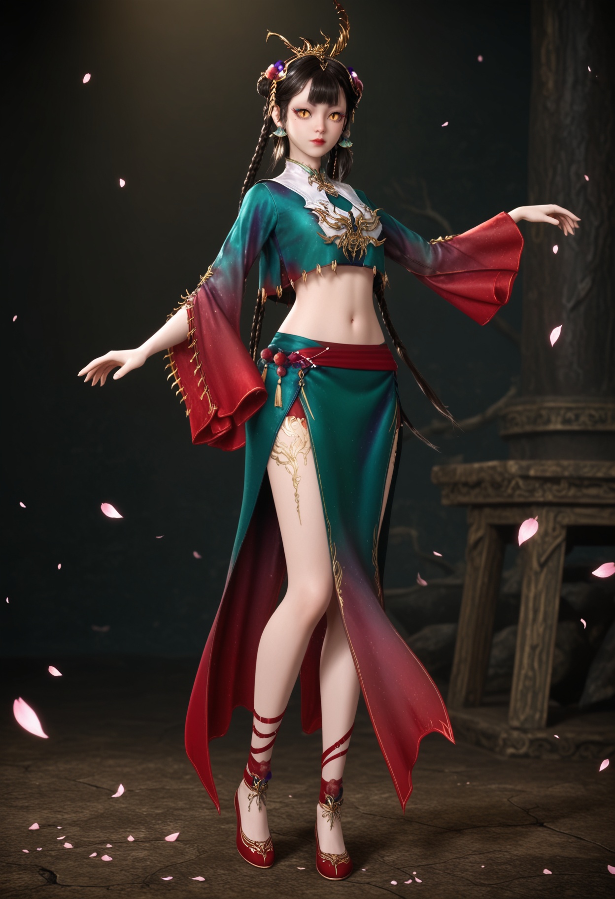 (standing full_body:1.1),looking at viewer:1.1,masterpiece,(best quality),smog,Dark room,dim lighting,peach blossom,falling petals,<lora:YQ_Illustrious光辉v5_仙清儿_V1:0.8>,q1528437228,1girl,solo,hair ornament,black hair,braid,long hair,jewelry,makeup,earrings,chinese clothes,eyeshadow,mole under eye,brown hair,crop top,dress,yellow eyes,skirt,brown eyes,hair bun,hair rings,twin braids,multiple braids,double bun,green dress,blunt bangs,hair flower,long sleeves,red footwear,slit pupils,