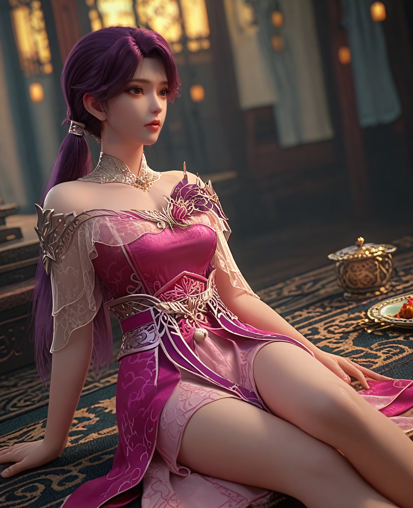 (oriental architecture, elegant decor, sophisticated style:1.1),(Sitting on a surface with legs dangling:1.1),(breasts:1.2),<lora:XL百炼成神罗嫣:0.95>,miss luoyan,long hair,purple hair,dress,low twintails,twintails,detached collar,bare shoulders,lips,jewelry,pink dress,eyelashes,teeth,, zPDXL2, score_9, score_8_up, score_7_up BREAK realistic, masterpiece,best quality, highly detailed,, zPDXL3, zPDXL2,zPDXL, zPDXLxxx, zPDXLrl,