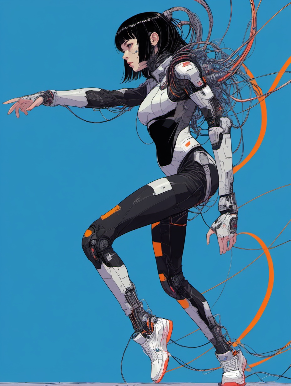gzly,1girl,solo,black hair,science fiction,simple background,full body,breasts,blue background,cyberpunk,long hair,bodysuit,floating,shoes,medium breasts,blunt bangs,profile,bangs,sneakers,<lora:jjnh-000008:0.8>,, masterpiece, best quality,