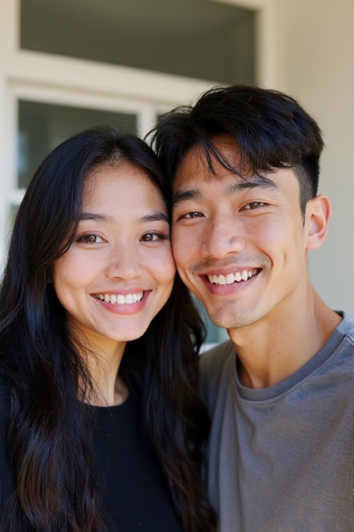 <lora:20250521_AgainMouthSizeF1Lora:0>,This is a photograph of a young couple posing for a selfie indoors. The woman, with long black hair, wears a black top. The man, with short dark hair, is in a shirt. The background is outdoors.