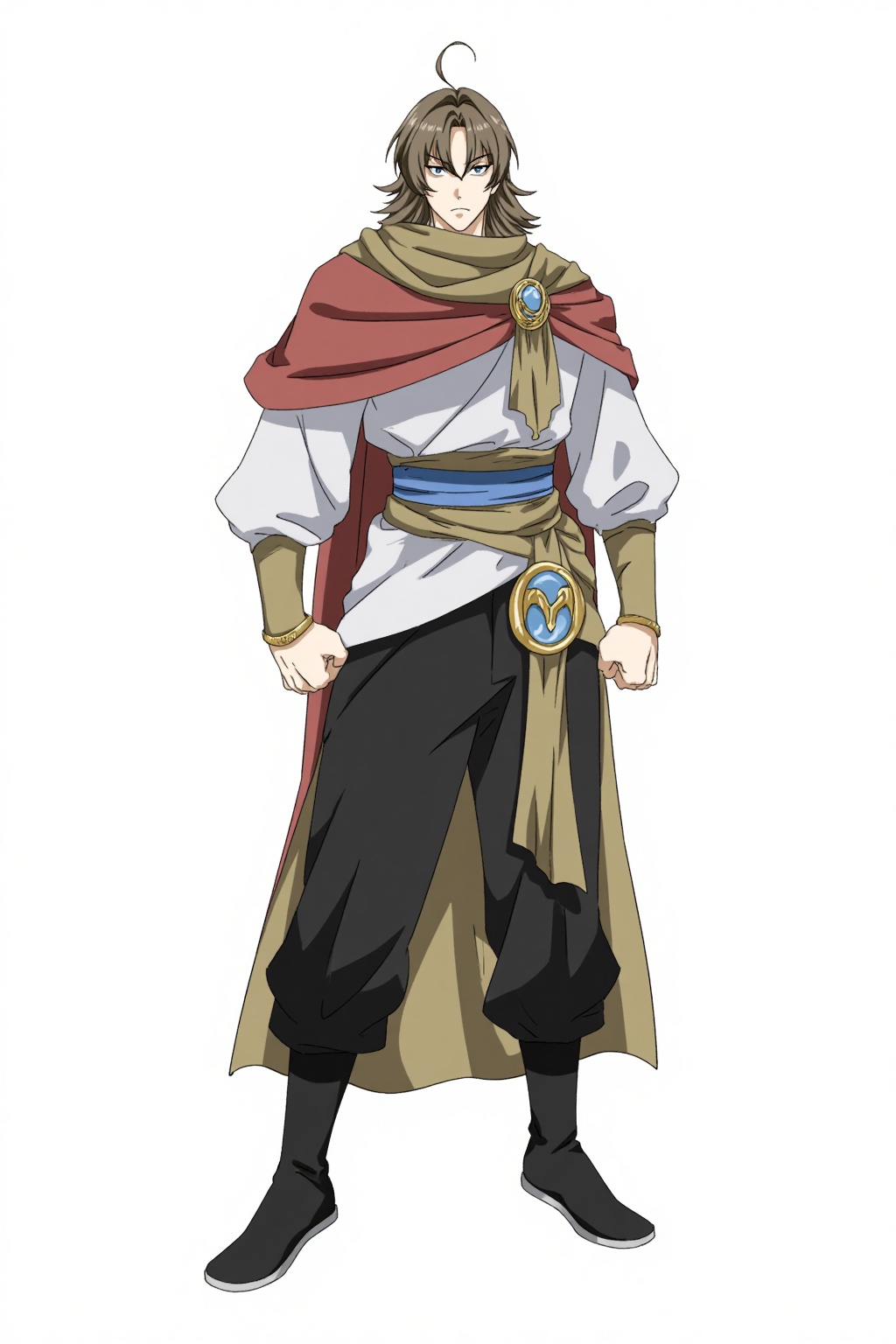 HEZI, Character Design, animation art, quadratic, bright colors, 1boy, solo, male focus, brown hair, standing, white background, full body, simple background, black footwear, looking at viewer, clenched hands, hair between eyes, boots, scarf, sash, pants, long hair, black pants, closed mouth, bangs, cape, robe, bracer, jewelry, serious, long sleeves, grey eyes, blue eyes, clenched hand