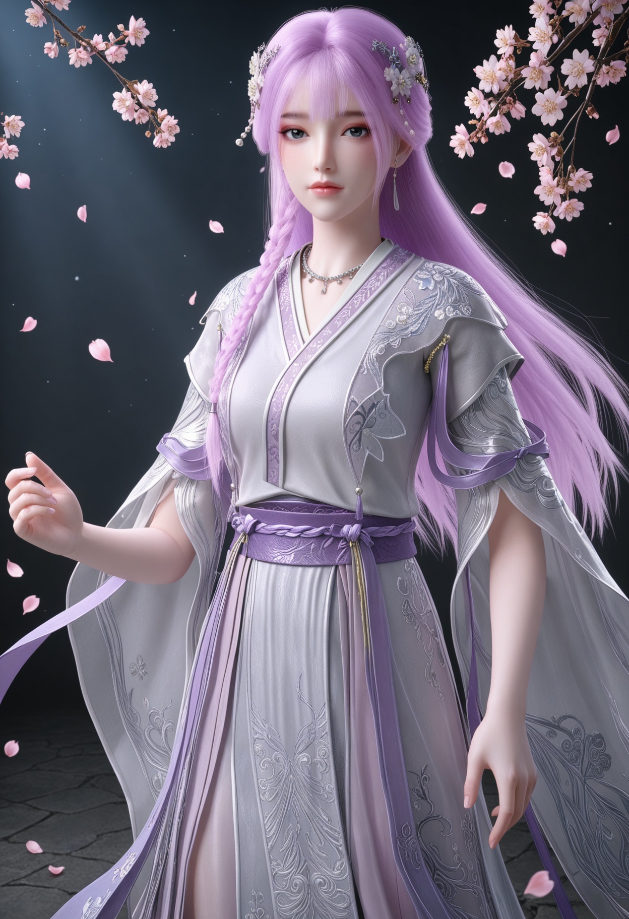 (cowboy shot:1.2),(looking at viewer:1.1),masterpiece,(best quality),smog,Dark room,dim lighting,peach blossom,falling petals,<lora:YQ_Illustrious光辉v5_天穹_少女_V1:0.8>,q1528437228,1girl,solo,long hair,purple hair,jewelry,hair ornament,earrings,braid,necklace,dress,hair flower,blue eyes,pink hair,chinese clothes,green eyes,side braid,grey eyes,japanese clothes,wide sleeves,long sleeves,sash,robe,