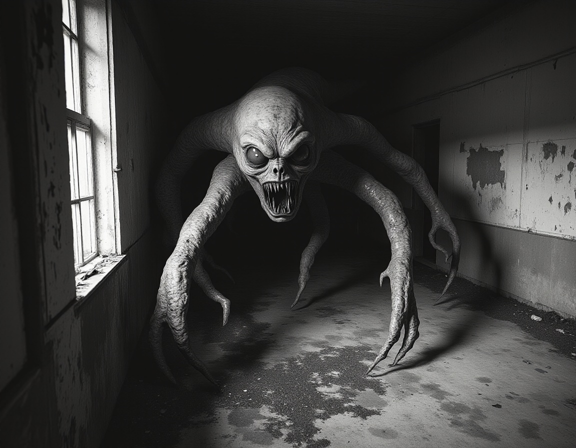 monochrome and low quality cctv footage of a horror monster,  sneaking around in an abandoned building on Tensor.Art