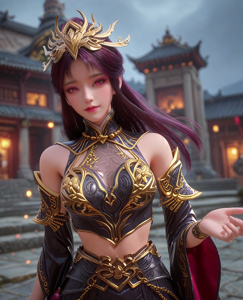 (oriental architecture, elegant decor, sophisticated style:1.1),(ballet leap:1.1),(breasts:1.2),<lora:XL百炼成神毒血夫人:0.95>,miss duxuefuren,hair ornament,long hair,purple hair,breastplate,skirt,pink eyes,jewelry,teeth,bare shoulders,breasts,detached sleeves,necklace,, zPDXL2, score_9, score_8_up, score_7_up BREAK realistic, masterpiece,best quality, highly detailed,, zPDXL3, zPDXL2,zPDXL, zPDXLxxx, zPDXLrl,