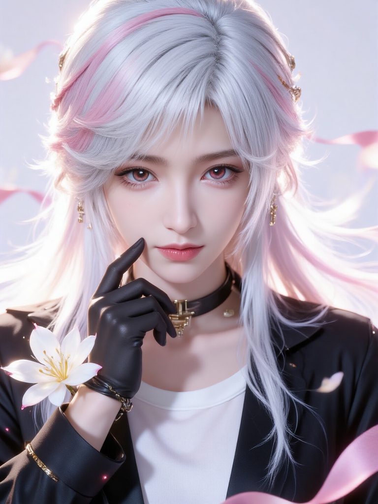 looking at viewer, solo, long hair, multicolored hair, upper body, sfw, red eyes, 1boy, black jacket, black gloves, white shirt, shirt, gloves, white hair, jacket, parted lips, long sleeves, male focus, pink hair, white flower, flower, closed mouth, collarbone, hair between eyes, bangs, photoshop (medium), black choker, choker, original, collarbone, parted bangs, Steps: 30, Sampler: Euler, CFG scale: 3.5, Seed: 2222994141, Size: 768x1024, Model hash: f303b7601a56500301a9331622d6c3bad39be8ec7fd75b86392dc62288f41d0a, Model: ZOZ_人像特摄_写实_00001_.safetensors, Denoising strength: 0, RNG: CPU, Lora 1: ZOZ_国漫.safetensors, Lora Hash 1: 6e7c10ec35f71b3cdb57582a04b8182b678a2ae2b3d430e357e0674079d60934, Lora Weight 1: 0.8, vae_name: automatic