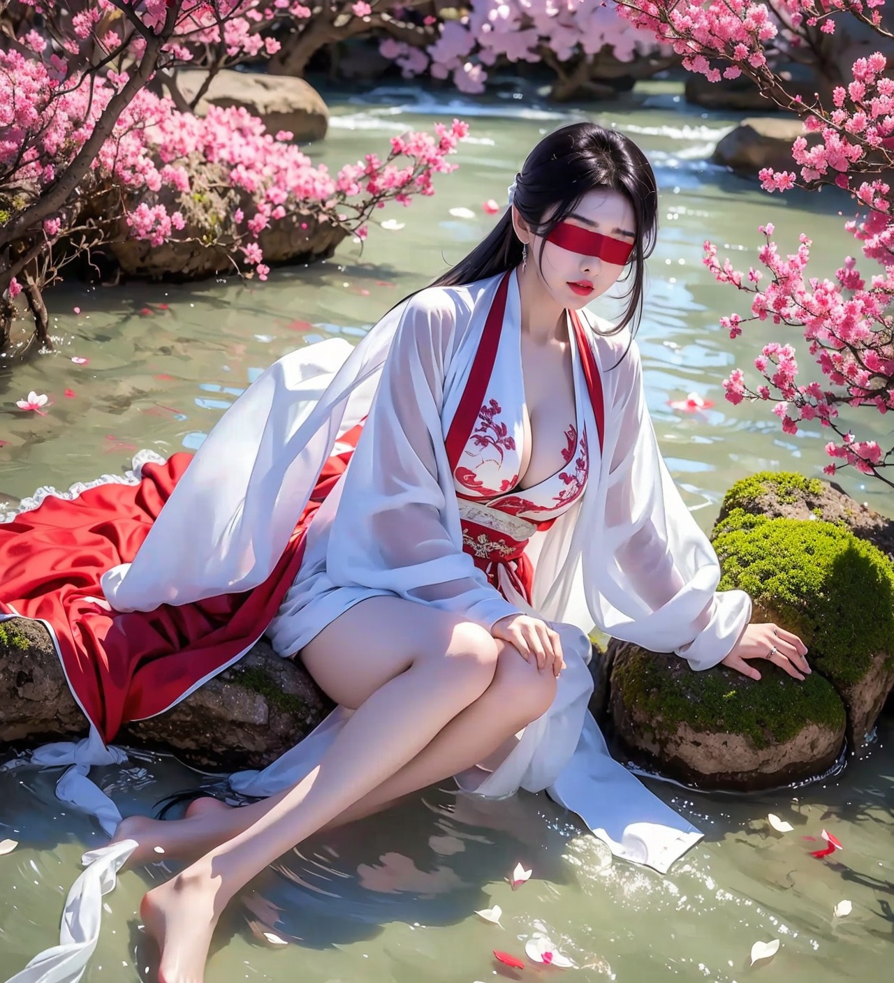 1girl,jewelry,red_lips_,lipstick,eye makeup,black hair,diamond drop earrings,(solo:1.5),hanfu,plump breasts,embroidery,<lora:汉服眼妆1.3:0.5>,in the forest,sakura tree,water,creek,flying petals,<lora:汉服蒙眼1.1:0.8>,blindfold,blindfold,barefoot,bare legs,