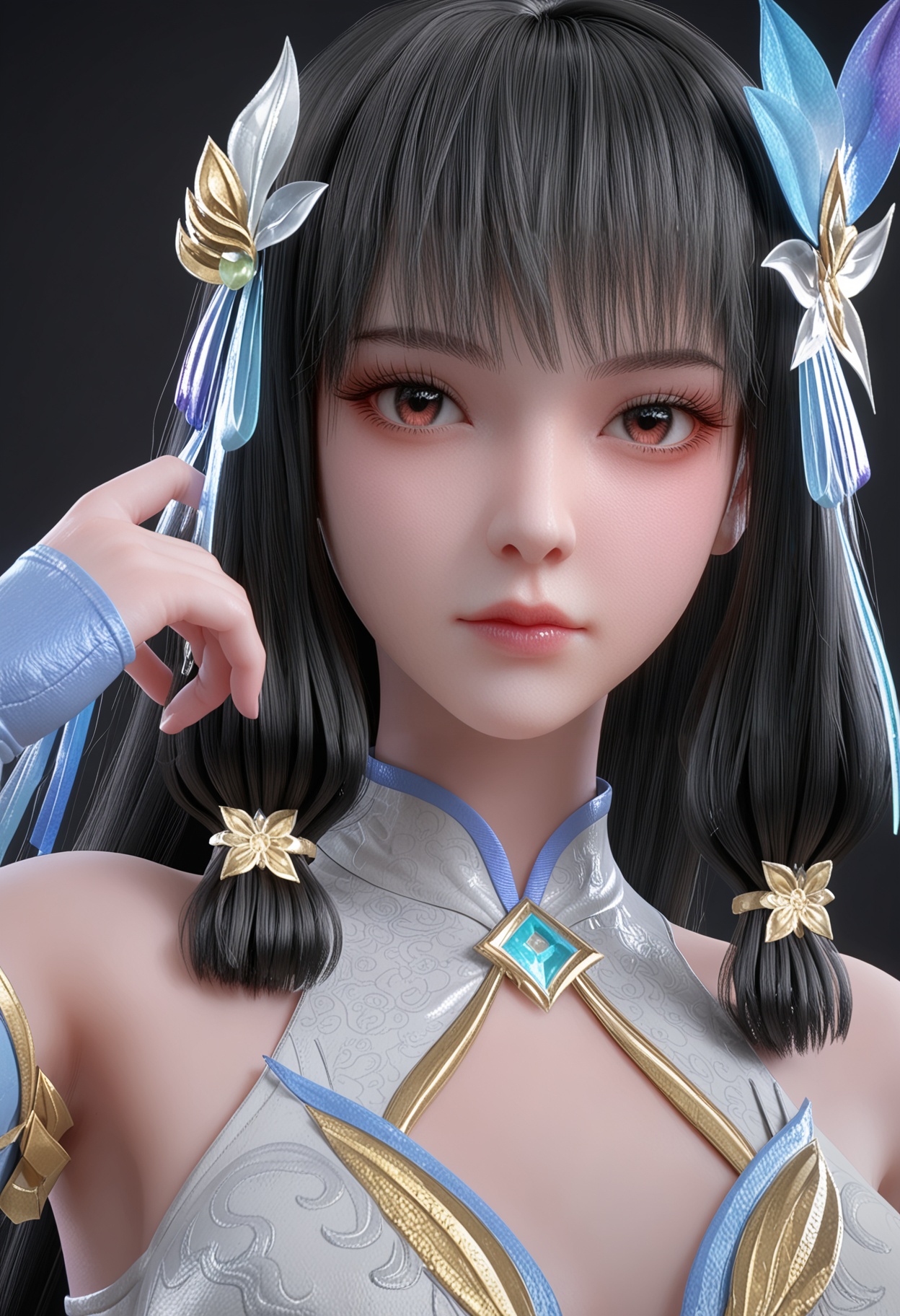 (upper_body:1.2),(looking at viewer:1.1),facing viewer,direct gaze,<lora:YQ_pony_yunluo_shangjiefuzhuang_V4:0.8>,1girl,solo,long hair,black hair,hair ornament,dress,detached sleeves,brown eyes,white dress,chinese clothes,blunt bangs,hair flower,sidelocks,hair ribbon,red eyes,butterfly hair ornament,black eyes,brown hair,jewelry,china dress,gloves,shoes,BREAK (white skin:1.1),(fair skin:1.1),(Ivory skin:1.1),(shiny skin),perfect anatomy,(simple background,pure black background,black background:1.1),