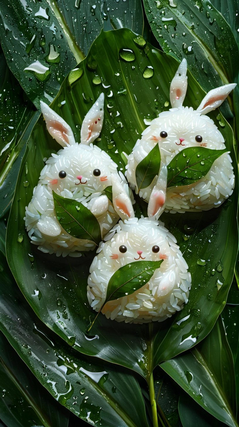 <lora:端午节——创意粽子_V1.0:0.8>,highly detailed,ultra-high resolutions,32K UHD,best quality,masterpiece,tao, chi, the painting is a creative representation of three rice balls, artistically designed to resemble rabbits. they are placed on a bed of large green leaves, with water droplets scattered around. the artistic style is whimsical and playful, emphasizing the natural colors and textures of the rice, leaves, and water. the composition is balanced, with the rabbits placed symmetrically, and the green leaves adding a contrasting background.