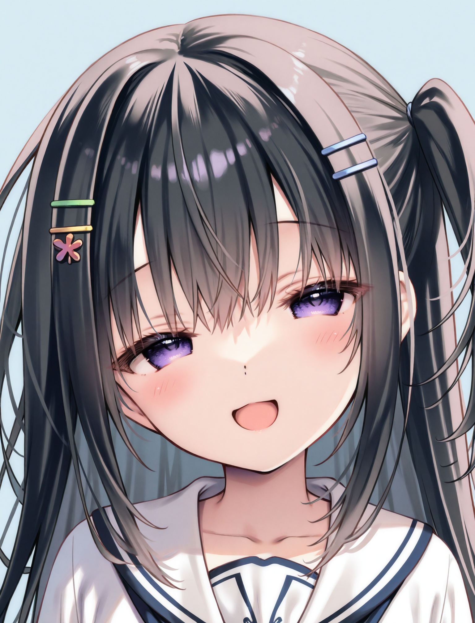 masterpiece,absurdres,best quality,petite,high quality,//,1girl, black hair, solo, white sailor collar, smile, looking at viewer, hair ornament, blue background, one side up, sailor collar, hairclip, long hair, open mouth, purple eyes, blush, hair between eyes, half-closed eyes, simple background, straight-on, multicolored hair, :d, close-up, school uniform, collarbone, eyelashes, upper body, white shirt, smug, portrait, shirt, double-parted bangs, sidelocks, dot nose, light blue background, straight hair, head tilt<lora:yuzuna_hiyo——【CKXL】hans:0.88>,