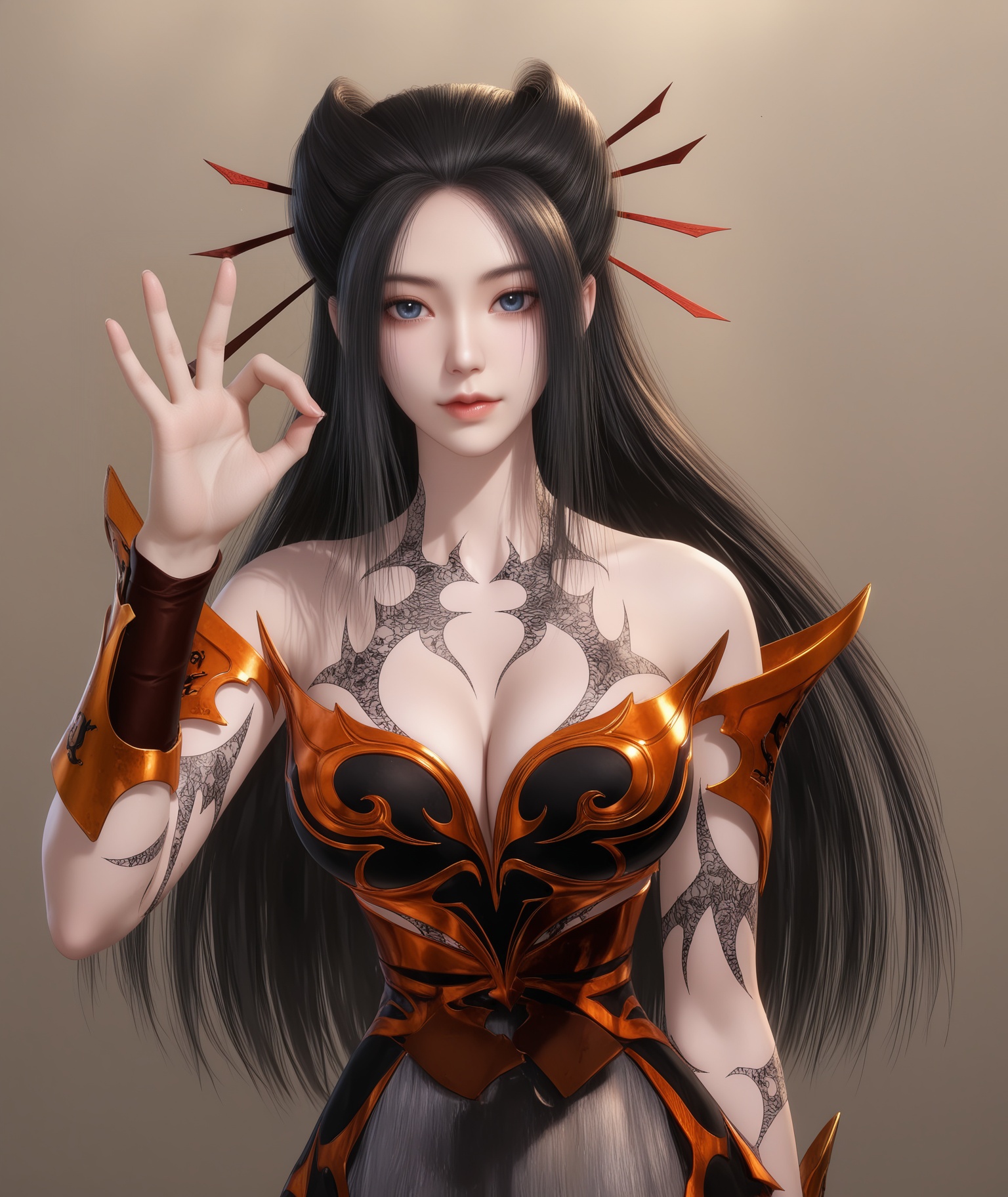 (score_9),masterpiece,best quality,absurdres,highres,BREAK<lora:焰灵姬-ill:0.83>,yanlingji,1girl,solo,long hair,black hair,hairpin,blue eyes,tattoo,pauldrons,breastplate,wrist armor,dress,(white_skin),(Ivory_skin),collarbone,(large breasts),puffy chest,looking at viewer,front view,(ok_sign),upper body,BREAKsimple background,Tyndall effect,Cinematic Lighting,Volumetric Lighting,