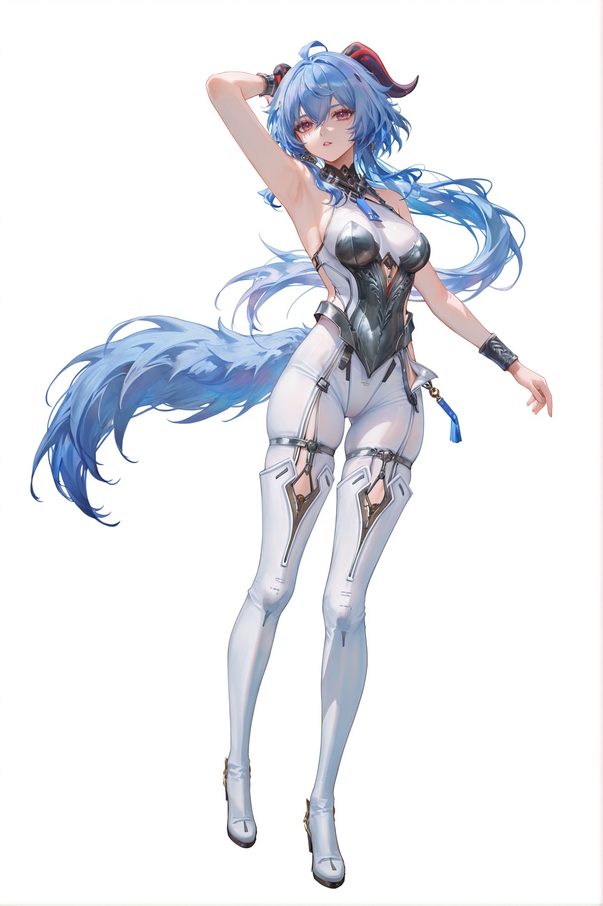 8k,best quality,masterpiece,(ultra-detailed),(high detailed skin),((artist:reoen),(artist:fuzichoco),(artist:atdan),(artist:torino_aqua),year 2024:0.8)1girl,[artist:wlop],[artist:ningen_mame],artist:ciloranko,[[artist:rhasta]],artist:tidsean,colorful,jijia,2d,ambient light,full body,full shot,standing,looking at viewer,(solo:1.2),simple background,(white background:1.2),arm up,(white background:1.1),dynamic angle,ganyu \(genshin impact\),(blue tail:1.2),<lora:lupawave-ill-Tanger:1>,clothes: lupadef armed bodysuit,1girl,breasts,bare shoulders,