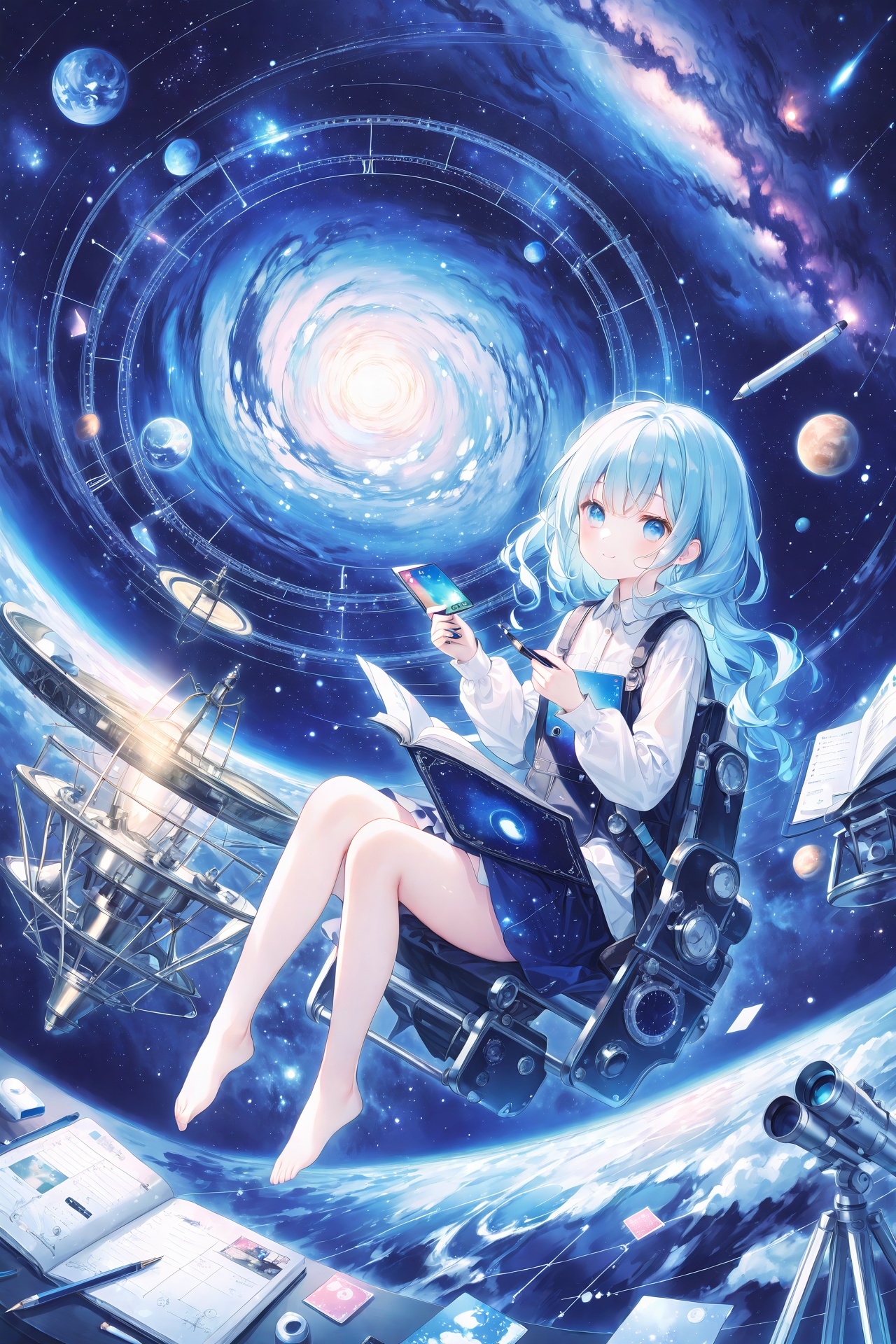 (masterpiece),(best quality),star_\(sky\),starry_sky,space,shooting_star,1girl,constellation,planet,night_sky,pencil,starry_sky_print,blue_eyes,night,palette_\(object\),earth_\(planet\),feet,phone,sky,solo,moon,barefoot,eraser,long_sleeves,blue_hair,book,looking_at_viewer,telescope,pen,shirt,cellphone,smile,card,paper,star_\(symbol\),handheld_game_console,notebook,galaxy,crescent_moon,clock,cloud,white_shirt,milky_way,cityscape,globe,light_particles,