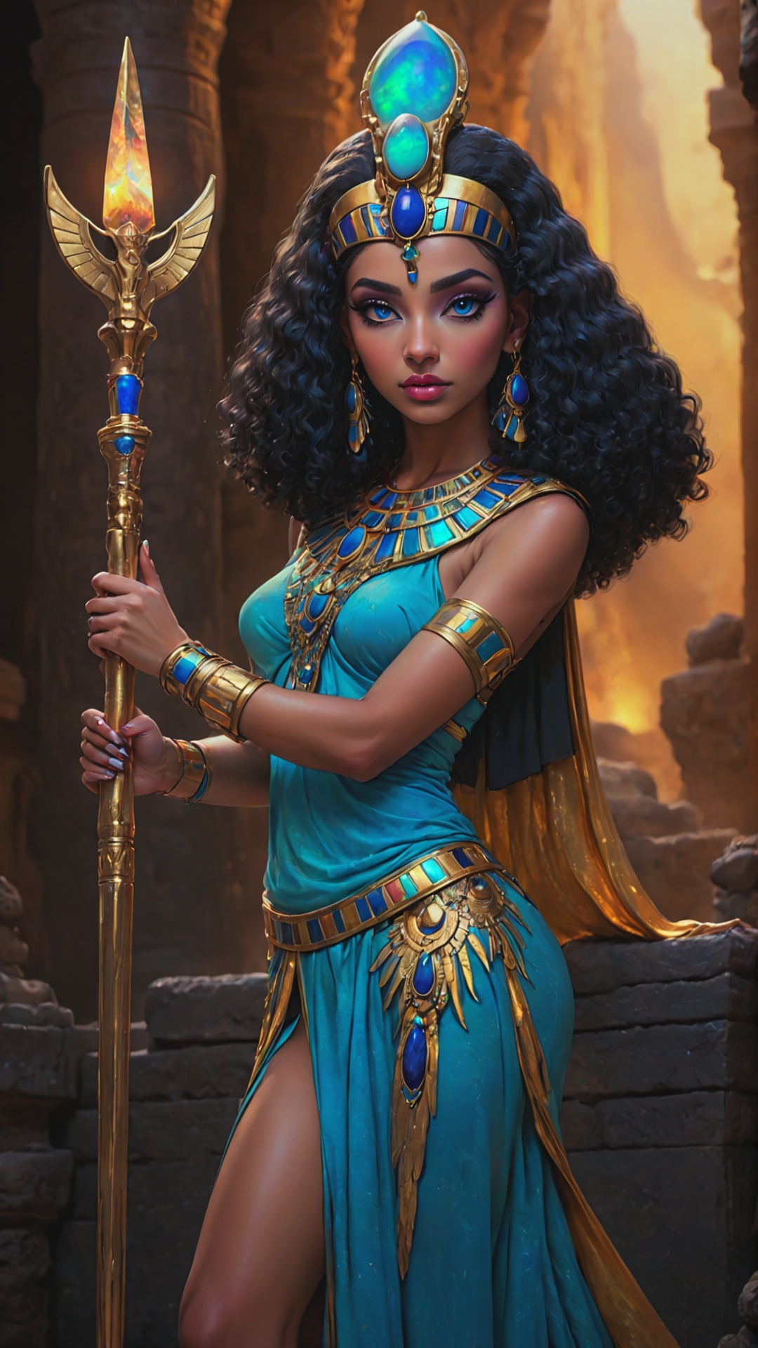 a Cleopatra in a huge Egyptian temple,  hold in hands long scepter,  Glam Makeup on Tensor.Art