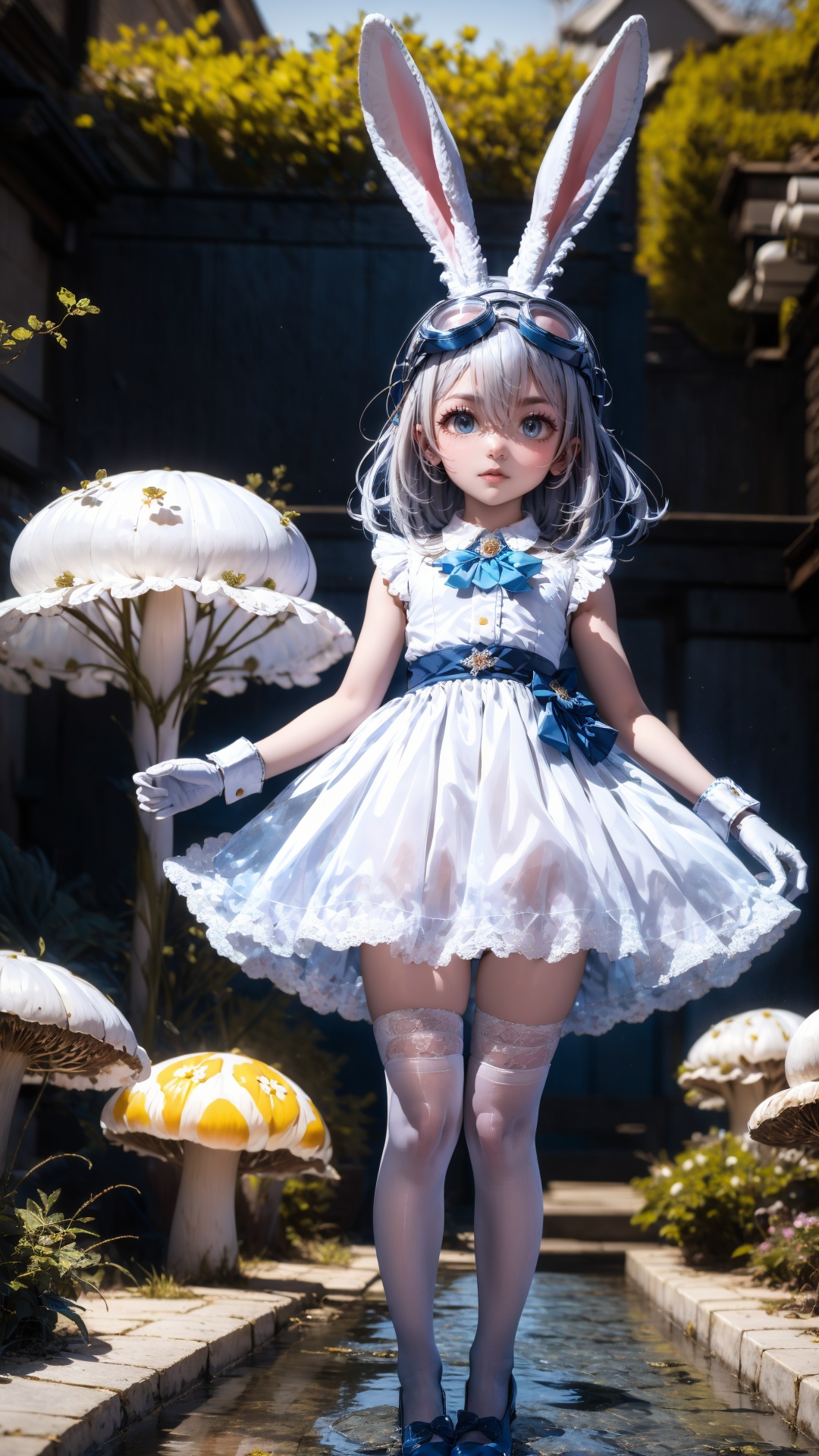 tutututu,1girl,solo,wrist cuffs,rabbit ears,white dress,white gloves,blue footwear,goggles on head,sleeveless dress,bangs,blue bow,white hair,short hair,white thighhighs,<lora:lihaigeQ-000006:0.95>,Alice in wonderland standing in stream,large mushrooms in background,highly detailed,Beautiful lighting,photoreal,4k,depth of field,night scene,light from godrays shining on ground,