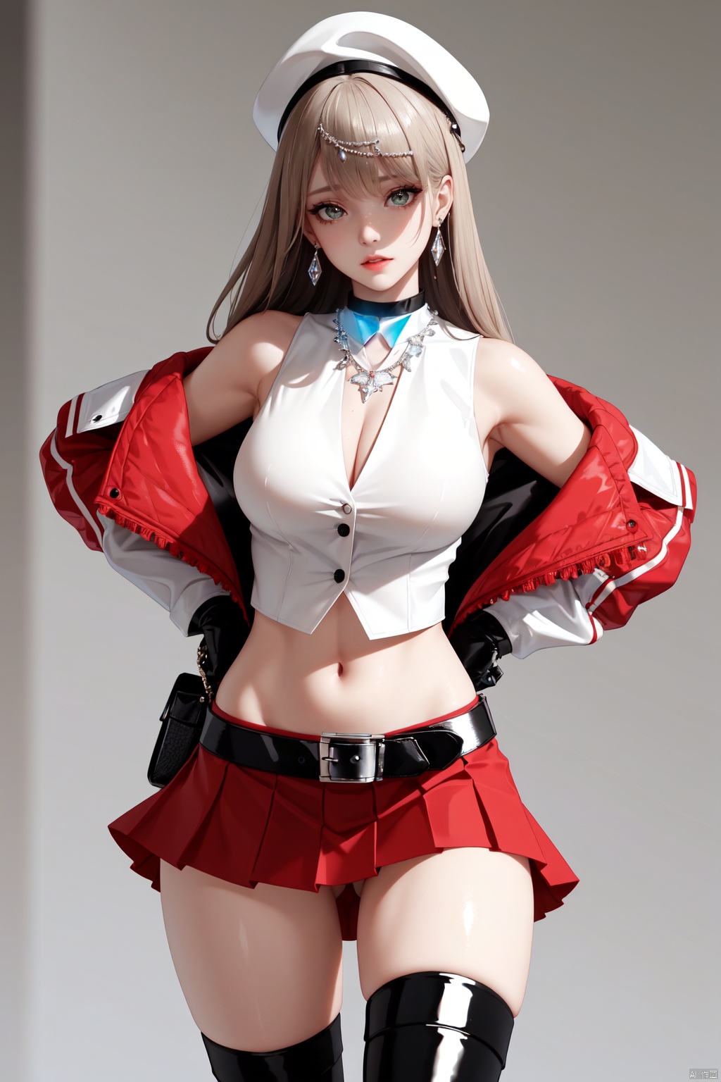 Realistic style, cinematic work, 8K wallpaper, masterpiece, very realistic quality, best quality, masterpiece, high-level, high-resolution,,,Edge lighting, dual tone lighting, soft lighting, The illuminated surface of the material has bright spots and highlights, which flicker and have a mirror effect when reflected, There are sparkling spots on the armor,,,1 girl, mature female, solo, full body, looking at viewer, lace, strong rim light, Standard proportion of female body, golden proportion of female body,,,Standing, standing posture, Sexy full body standing posture,,,,(feiji1, 1girl, both hand, long hair, green eyes, black headwear, bangs, white blonde hair, very long hair, light brown hair, floating hair,,, thighhighs, breasts, skirt, hat, black thighhighs, gloves, navel, red skirt, black gloves, cleavage, shirt, buttons, grey footwear, highleg panties, miniskirt, boots, highleg, open clothes, bare shoulders, vest, choker, pleated skirt, large breasts, panties, underwear, shirt, sleeveless, midriff, open vest, skindentation, white vest, collarbone, beret, hand on headwear, jacket, stomach, knee boots, open jacket, rudder footwear, armband, crop top, white jacket, shiny, peaked cap, medium breasts, belt, sleeveless shirt, cropped vest, sleeveless jacket, arm behind head, buckle,,,:1.2),,,,colorful,(detailed skin: 1.3), (detailed face: 1.3),clear focus,delicate,(mature women: 1.2),(glossy skin+glossy skin: 1.4),(sweating: 1.1),(big_eyes),red_ eyeshadow,long_ Eyelashes, red lips,,,simple background, grey background,,,(Diamond hair accessories, diamond necklaces, diamond earrings, diamond earrings, clothes embedded with diamonds, armor embedded with diamonds,:1.3)<lora:EMS-318973-EMS:0.050000>, <lora:EMS-456990-EMS:0.150000>