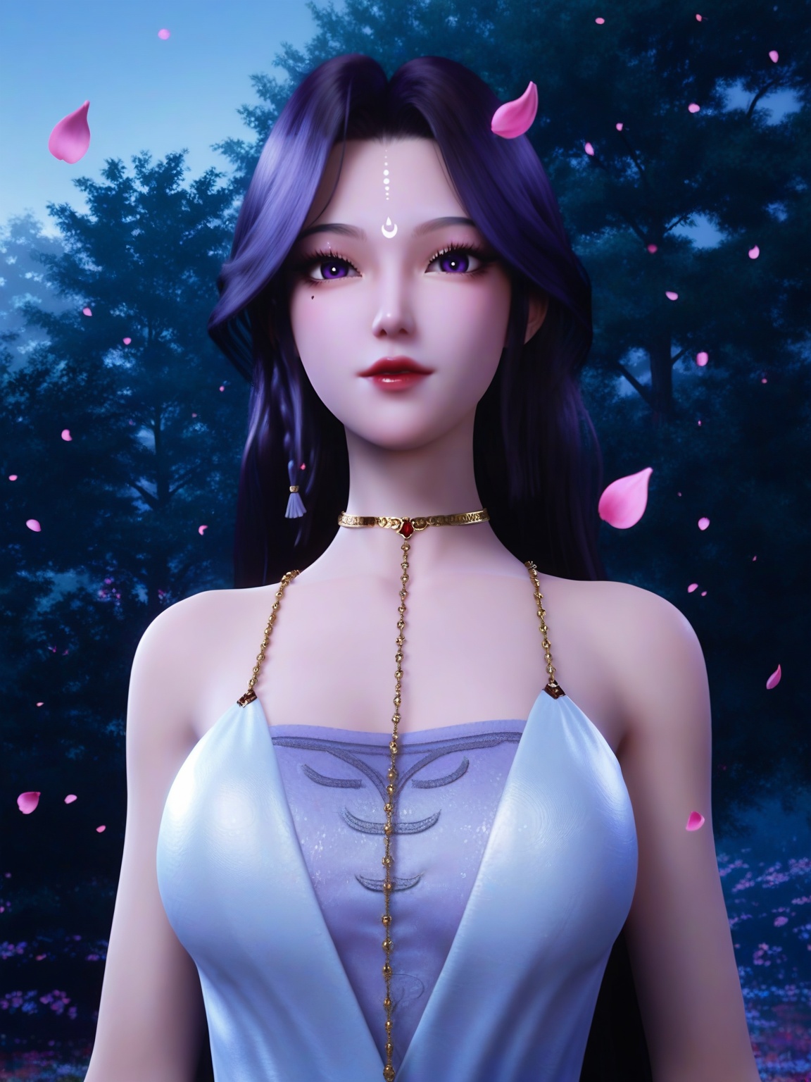 score_9,1girl,breasts,breasts,long hair,looking at viewer,facial mark,forehead mark,red lips,dress,choker,lipstick,falling petals,eyelashes,solo,looking at viewer,enchanting expression,outdoors,<lora:SF_YueYe_YuYi_Pony_Realism2.3:0.7>,