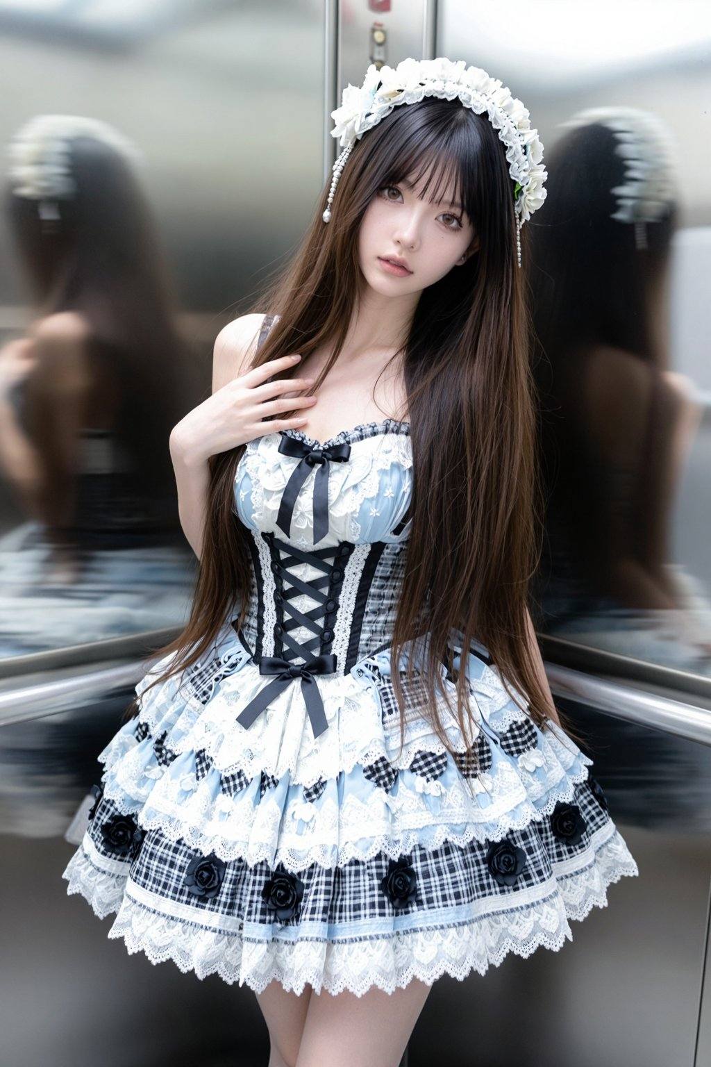 极其清晰，电影级画质。图像风格：运用极高光和纯白色营造视觉焦点，并利用对比鲜明的光影细节最大程度地增强情感张力，最终达到“强烈、锐利、层次分明”的视觉冲击力。图像内容：黑色长直发，棕色大眼睛，实拍照片，真实，大师级画质，顶级品质，高品质，俯拍微距，丰满胸部，黑色头发，修长美腿，纤细双腿，1个女孩，只是随意抓拍。照片略有动态模糊，展现了野性之美，精致的五官，纤瘦的脸庞，大眼睛，挺鼻梁，樱桃小嘴，尖下巴，纤细的模特身材，一头柔顺的长棕色头发，超高美感，空灵飘逸，自然清新，宛若月光下，发饰，耳环，楚楚，一丝幸福感，优先考虑高分和点赞，视觉冲击力强，略带疲惫，依赖，轻抚肩膀，**，不舍地出现，照片，超长头发散开遮住脸颊和胸部，穿着衣服，纤瘦却自信的身材，8K超高清，正面照，湿身，镜子，电梯- 裙子：主色调为浅蓝色、白色和黑色，采用多层次复杂设计。裙身饰有立体花朵、蕾丝，并拼接黑白格子面料。腰部饰有黑色交叉绑带和蝴蝶结。裙子层次丰富，尽显华丽精致之感。——配饰：搭配饰有珍珠和鲜花的头饰，与裙子的风格相呼应。整体造型充满洛丽塔服饰的奢华与梦幻气息。