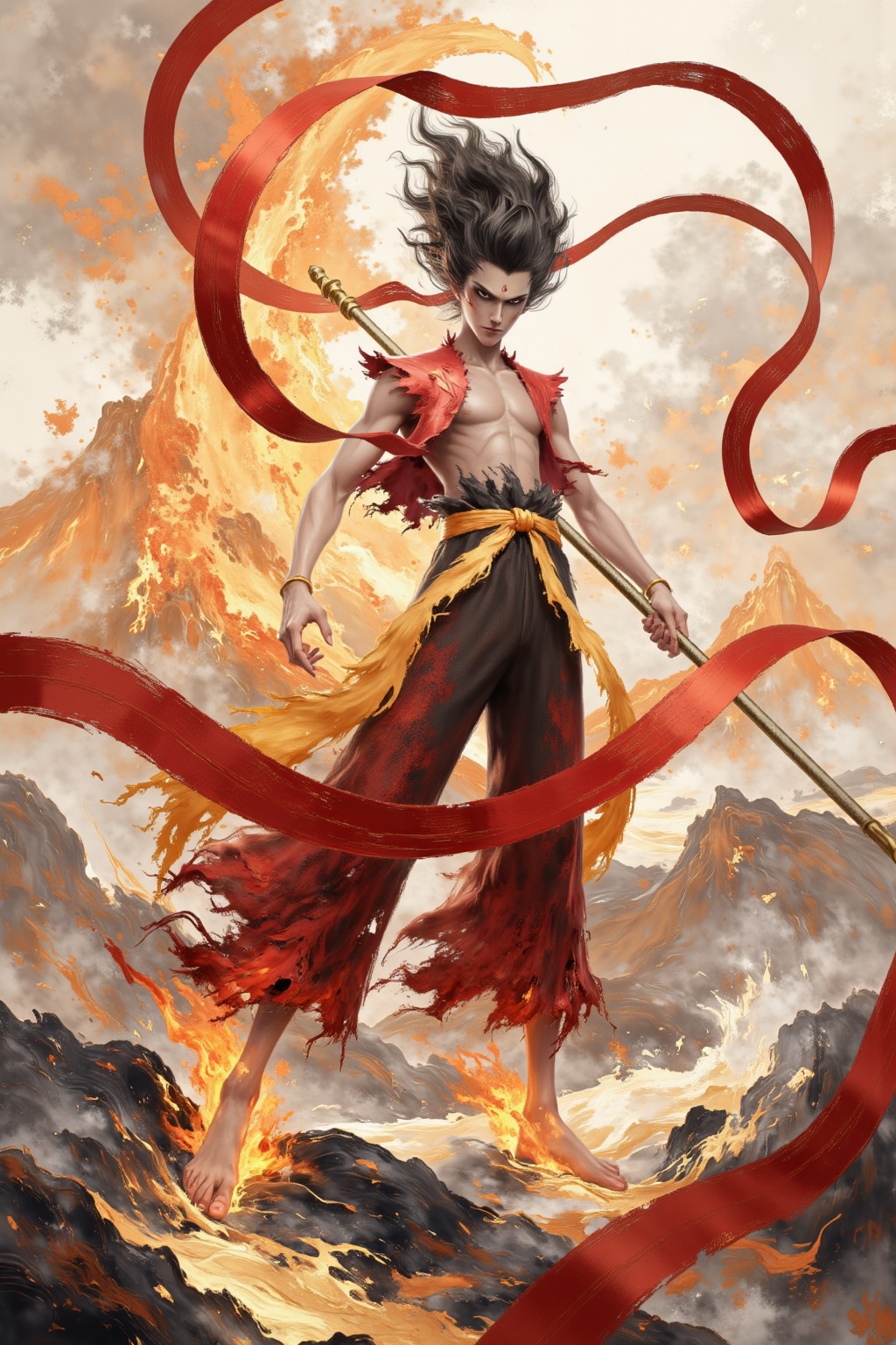 Chinese black and white ink painting,Chinese black and white ink painting,Digital CGI of a muscular,shirtless man with spiky black hair,wearing torn red pants and a red sash,wielding a golden spear. Flames erupt from his feet,and red ribbons swirl around him. emphasizing the dynamic pose and intense energy.,Chinese black and white ink painting,overall illustration style,the background is a towering flame,under my feet are rolling giant waves,