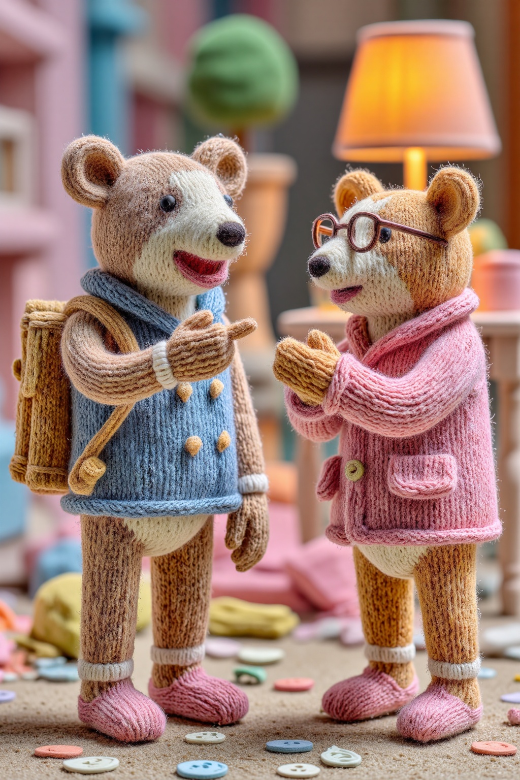 beijihui,Eye-level close-up shot of two stuffed animals in a heated argument. One in a blue knitted vest points accusingly,while the other in a pink cardigan crosses its arms in defiance. Both wear tiny knitted slippers and expressive accessories **** glasses and scarves. The background shows a messy table with spilled buttons and a tilted lamp,creating tension within a still whimsical,handcrafted setting.,