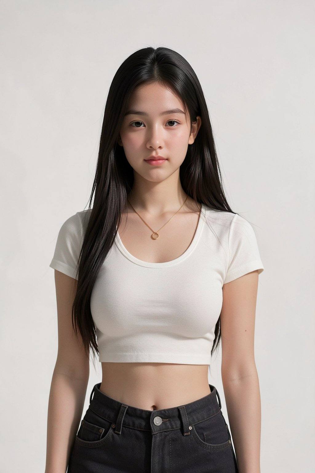 A young East Asian woman,  appearing to be in her early twenties,  is centered in a studio portrait against a stark white...
