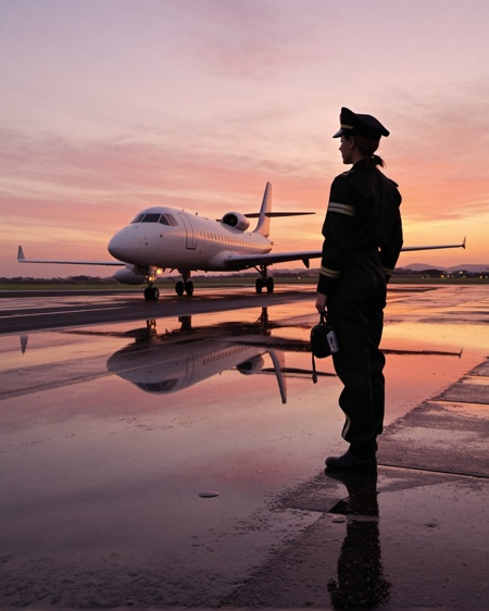 female pilot on airfield, sunset, reflection of pink sky and oil  on wet asphalt,
