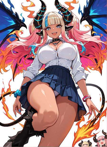 high quality, best quality, masterpiece, highres, very aesthetic, absurdres, <lora:illustrious_quality_modifiers_masterpieces_v1:.5>, <lora:NSFWFilter_illusXL_Incrs_v1:-.5>, solo focus, dynamic pose, cowboy shot, from below, pantyshot, hip focus, <lora:balrogmge-000008:.8> balrogmge, demon girl, long hair, blonde hair, pink hair, blue hair, multicolored hair, gradient hair, twintails, hair, scrunchie, blunt bangs, sidelocks, blue eyes, pink pupils, mole under eye, animal ears, earrings, tan skin, tanlines, dark-skinned female, large horns, curled horns, blue striped horns, pink wings, blue wings, large wings, low wings, fiery wings, gradient wings, demon tail, whip-tail, fiery tail, hooves, large breasts, smiling, long nails, multicolored nails, blue nails, pink nails, gyaru, collar, necklace, , colorful fire, simple background, 