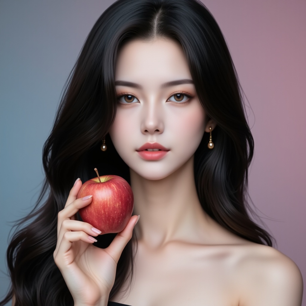 <lora:手指优化5:1>,shou,1girl,black hair,long hair,blue eyes,fair_skin,jewelry,earrings,hand holding a fruit,apple,upper_body,hand up,cover,gradient background,close-up details,outstanding style,adding a touch of dimension to your images without compromising details,close-up,<lora:DJ滤镜_2.5D版:0.3>,lvjing,<lora:油画唯美滤镜15:0.2>,baoshi,<lora:模特24·6:1>,mote,