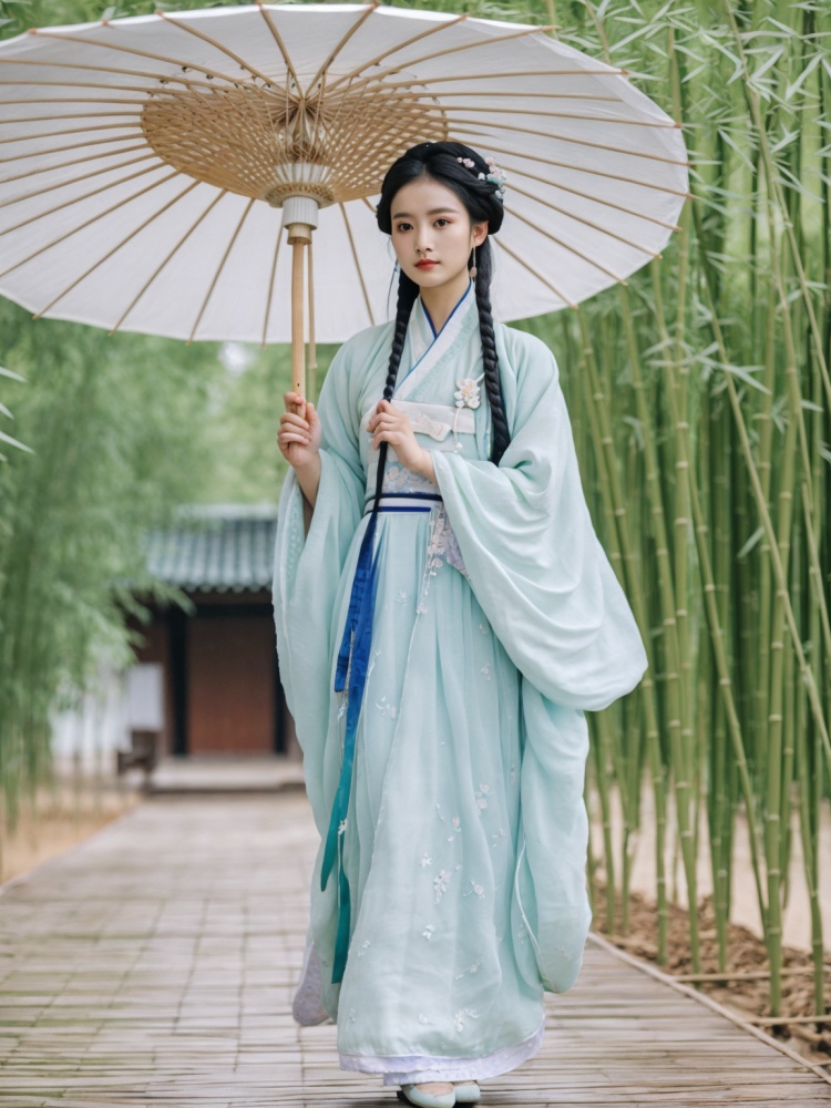 woman blue chinese hanbok holding parasol, best quality, cinematic beautiful natural skin, white hanfu, song dynasty, pastel green color, casual clothing, swan, cape, bamboo, award,best quality,masterpiece,