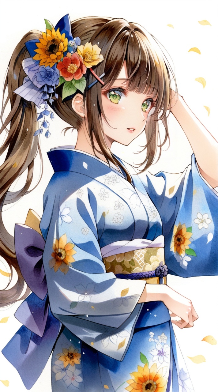 1girl, japanese clothes, kimono, flower, solo, hair ornament, brown hair, traditional media, floral print, watercolor (medium), painting (medium), hair flower, long hair, sash, yellow flower, ribbon, obi, wide sleeves, sunflower, bangs, upper body, profile, long sleeves, print kimono, ponytail, signature, arm up, from side, hand up, yukata, green eyes, bow, frills, x hair ornament, sidelocks, hair ribbon, blue bow, blue eyes, braid, blue ribbon, blush, white background, parted lips, blue kimono
