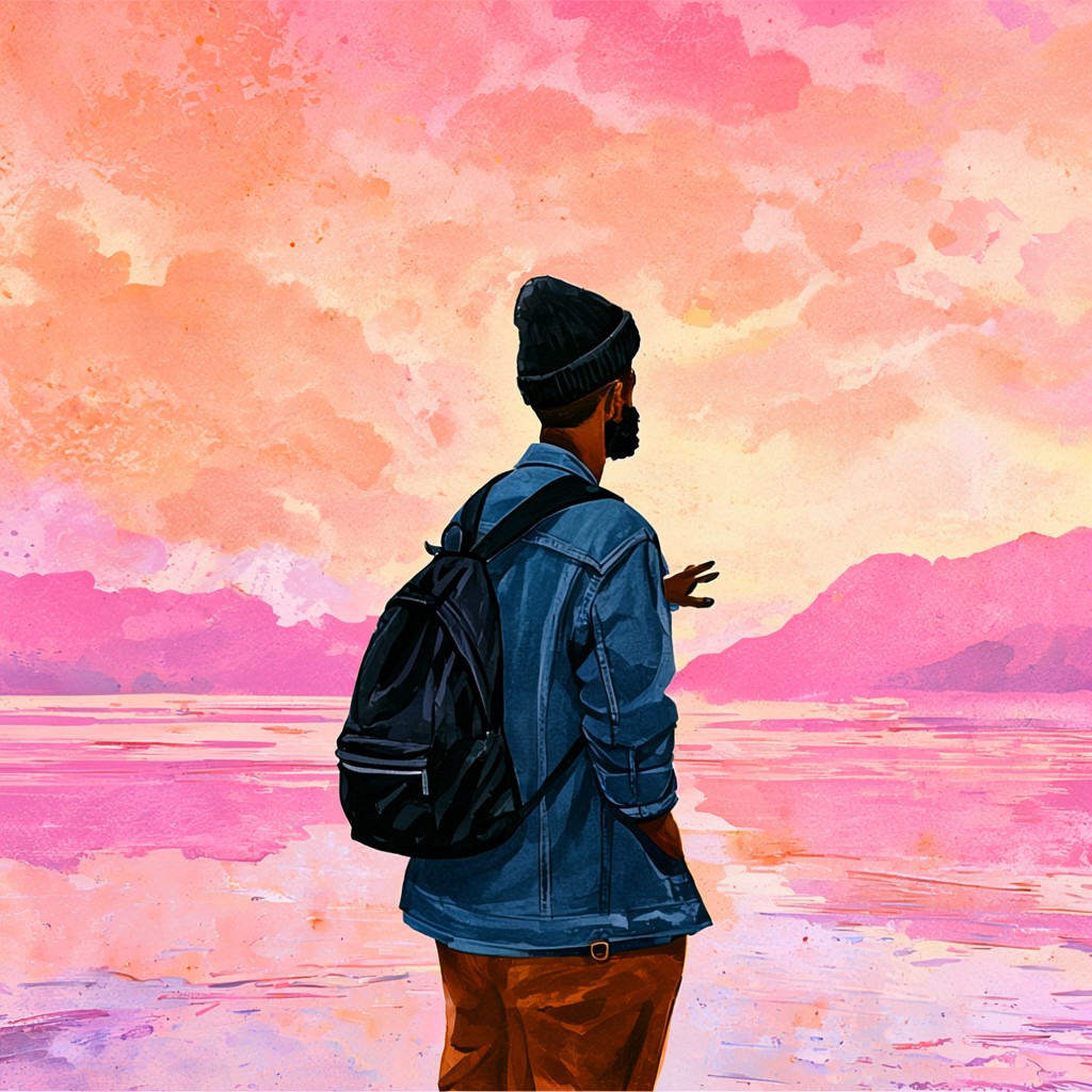Digital watercolor-style illustration of a bearded man with dark skin,  wearing a black beanie,  blue denim jacket on Tens...